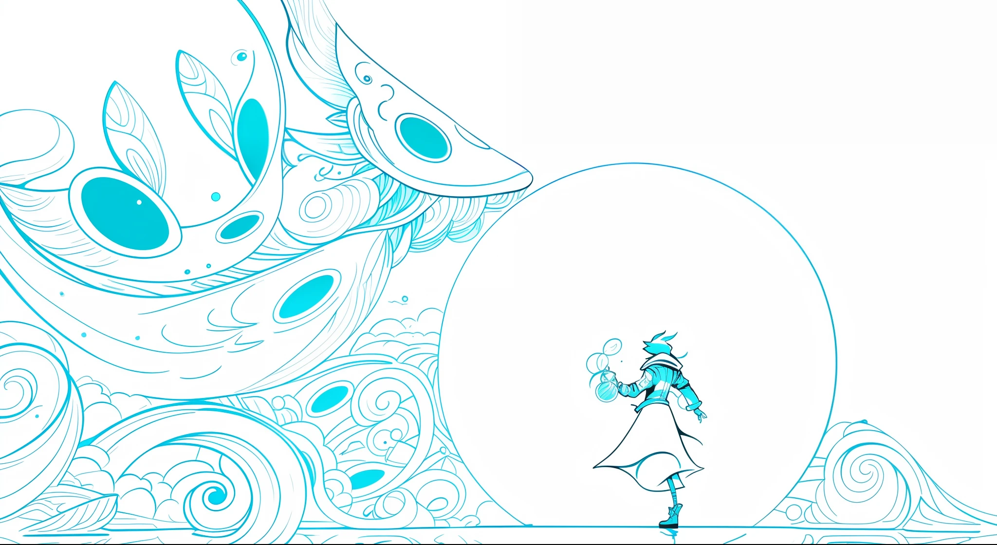 , stylized lines, full page illustration, line art illustration, full page illustration, keyframe illustration, inspired by Mobius, linear illustration, portfolio illustration, clean lines, moonlight fisheye illustrator, spontaneous lines, Moebius + loish, lucid dream sketch