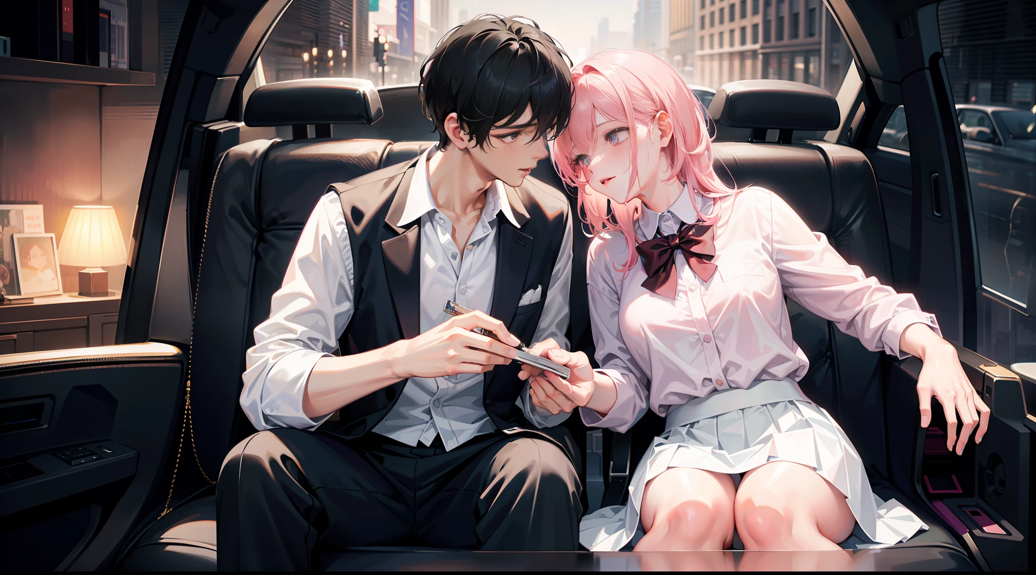 Masterpiece, best quality, super detailed, illustration, beautiful detailed eyes, close up, with a boy and a girl. It was pink hair, white pleated shirt, cracked button on the chest, skirt. The boy is black hair, black suit, black pants. Boys and girls kissing in car, heavy rain weather