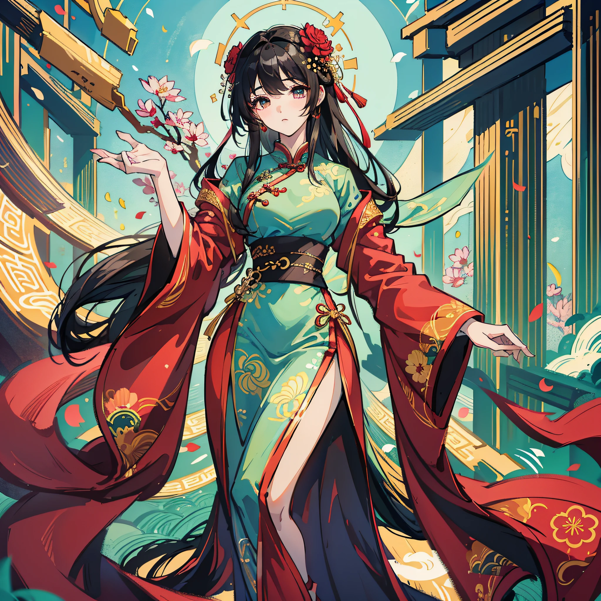 8K, Best Quality, Masterpiece: 1.2, AR 9:16, A Beautiful Girl, Dressed in Cheongsam, Hanfu, Flowing Costume, Full Body Portrait, Black Hair, Wearing Hair Flowers, Some Hair Flying --auto --s2