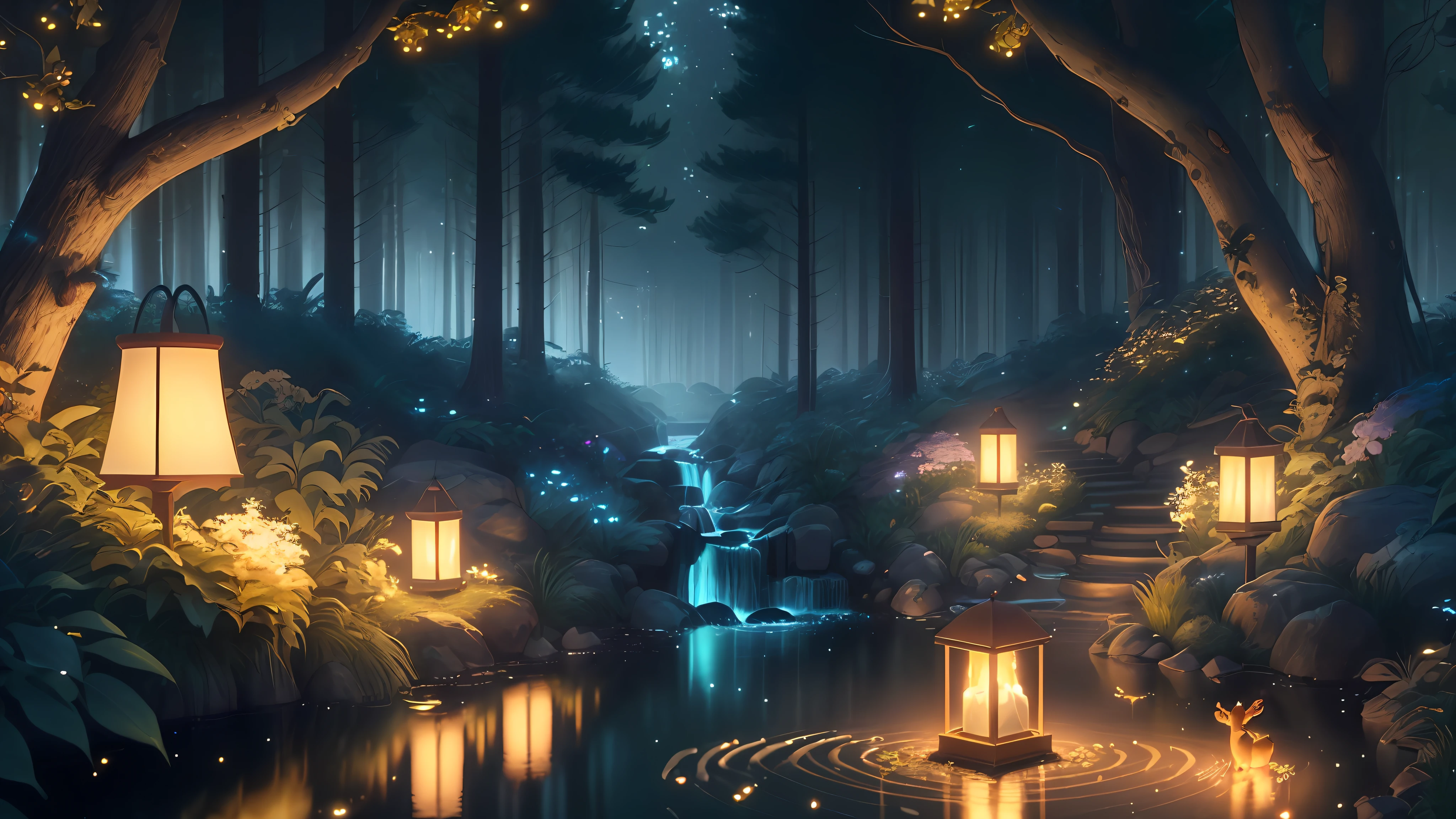 Masterpiece, best quality, (very detailed CG unity 8k wallpaper), (best quality), (best illustration), (best shadows), glow sprite, with a glowing deer, in the swimming pool Drinking water, natural elements in the forest theme. Mysterious forest, beautiful forest, nature, surrounded by flowers, delicate leaves and branches surrounded by fireflies (natural elements), (jungle theme), (leaves), (twigs), (fireflies), (particle effects) etc. 3D , Octane rendering, ray tracing, super detailed