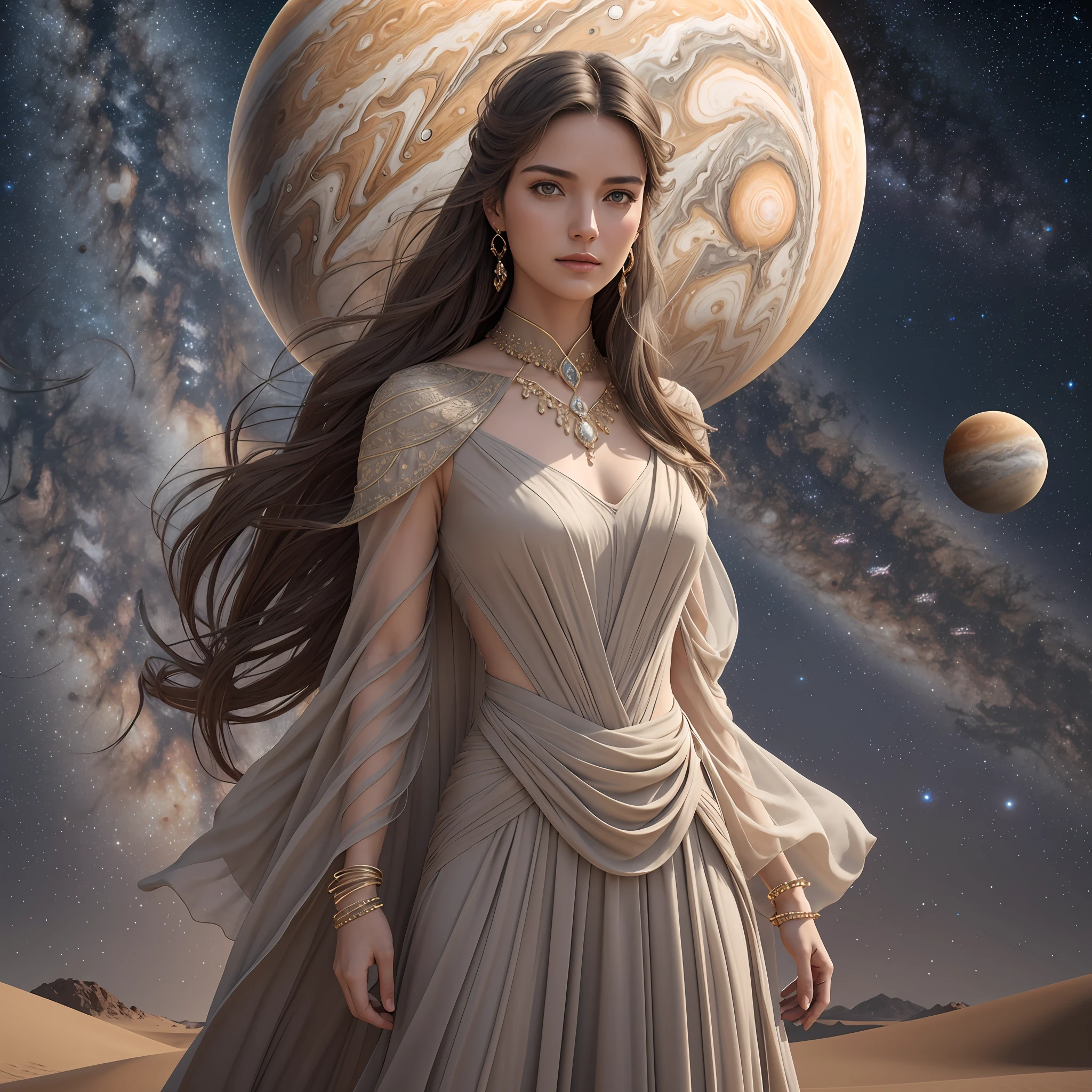 A woman in Full Brown Dress standing in Light brown colour Desert, Smooth and pale, with a subtle pearlescent glow skin, Long and flowing, in shades of rich brown or Red, Regal and graceful, with an air of wisdom and mystery, with a hint of celestial glow lips , Hyperdetailed, 8k, Photorealism, Same personality as Jupiter planet, cinematic, cannon 6d, octane render, Full body, Detailed face, Grey Sand, Grey colour grading, Night scene, Grey world, Jupiter planet, Close Potrait, Close picture, Milky way sky, Half body Picture