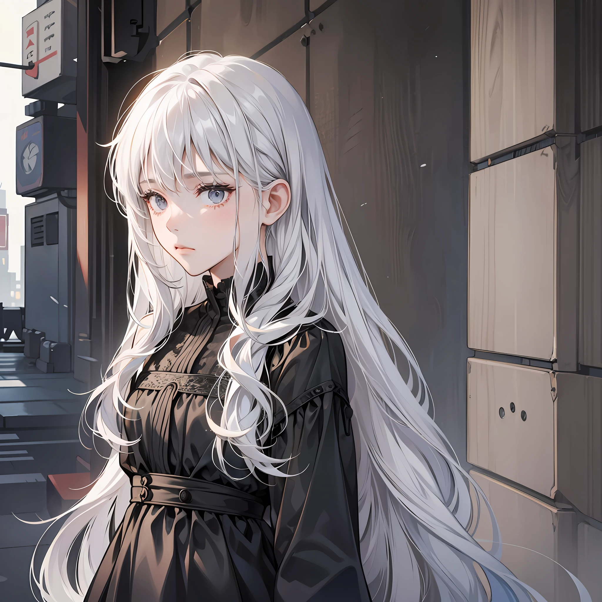Young girl with long white hair and gray eyes in black dress, sad expression