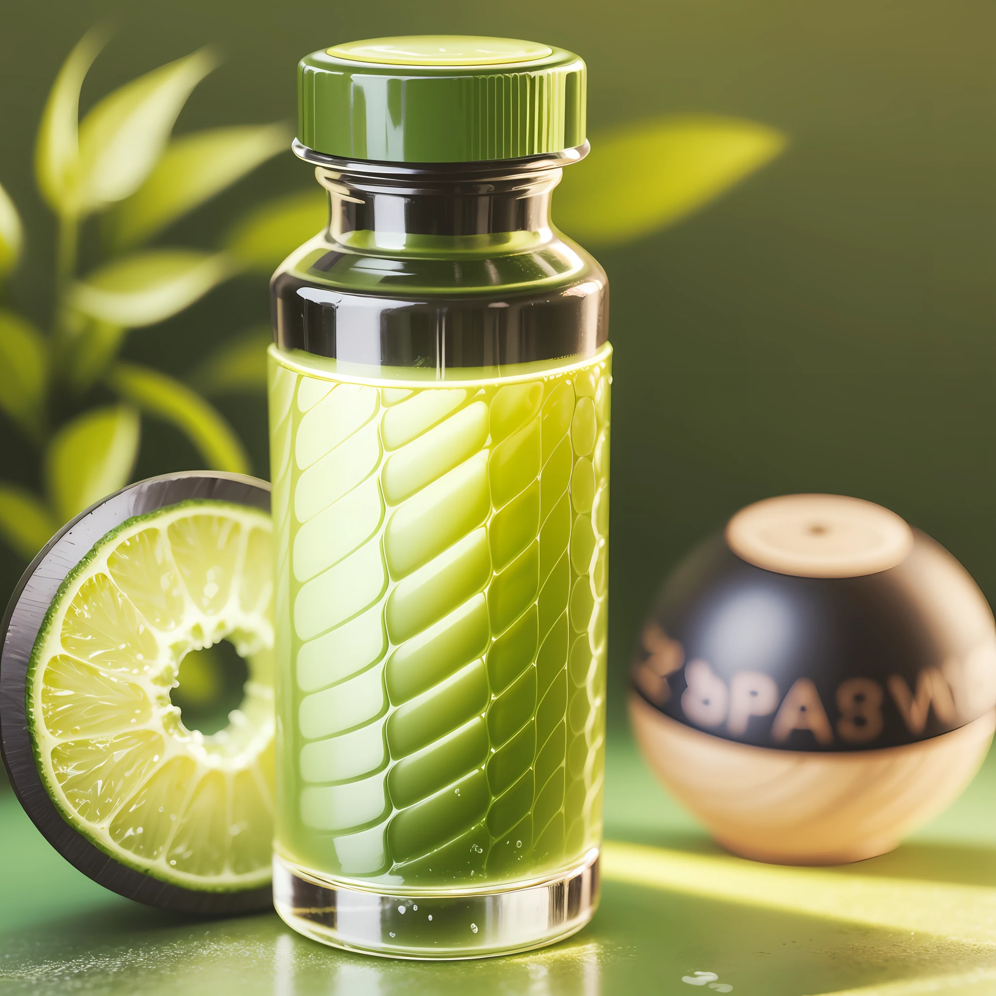 A bottle of liquid is photographed close-up, and the body of the bottle is decorated with green leaves. This is a view of a product, we can see the picture of the product, the product presents a WLOP glowing skin effect. The officially released product pictures show its characteristics and can be used to cleanse the skin of the face and body, as well as tanned skin. The base of the product has a textured texture and is very unique. There are also product photos showing specially designed glossy textures, like bubbling skin. This product is called AVP and has a creamy texture. Here are views and photos of the product, presented in a 360-degree view --auto --s2