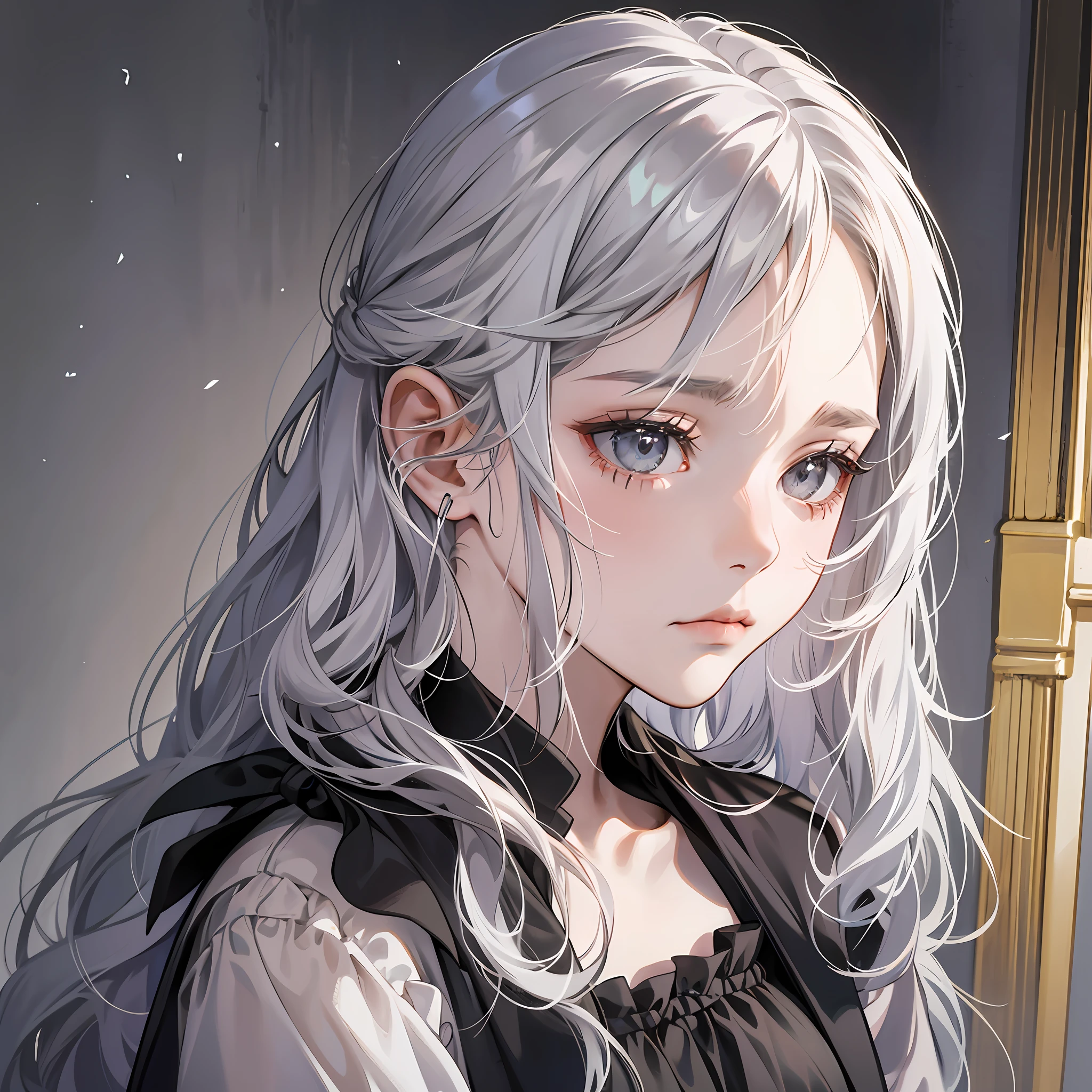 Young girl with long white hair and gray eyes in black dress, sad expression