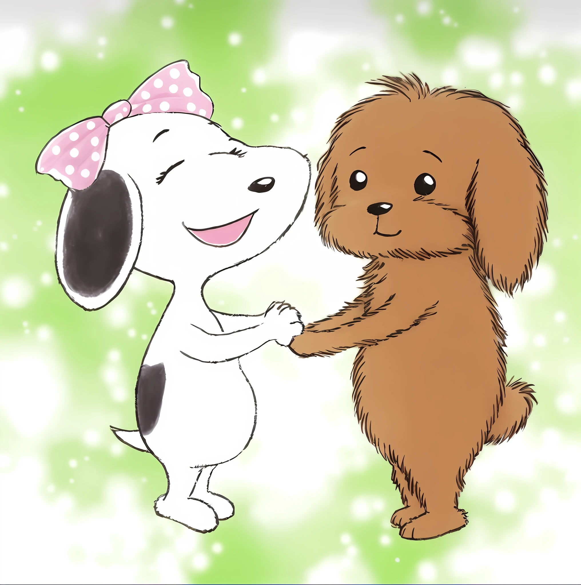 cartoon dog and puppy hugging each other with a green background, aww, holding paws, two dogs, kawaii cute dog, awww, charicature, best friends, cartoonish cute, awwwww, dancing with each other, hug, friendship, by Elaine Hamilton, fanart, added detail, digitally colored, super cute and friendly, cute storybook illustration, twoddle