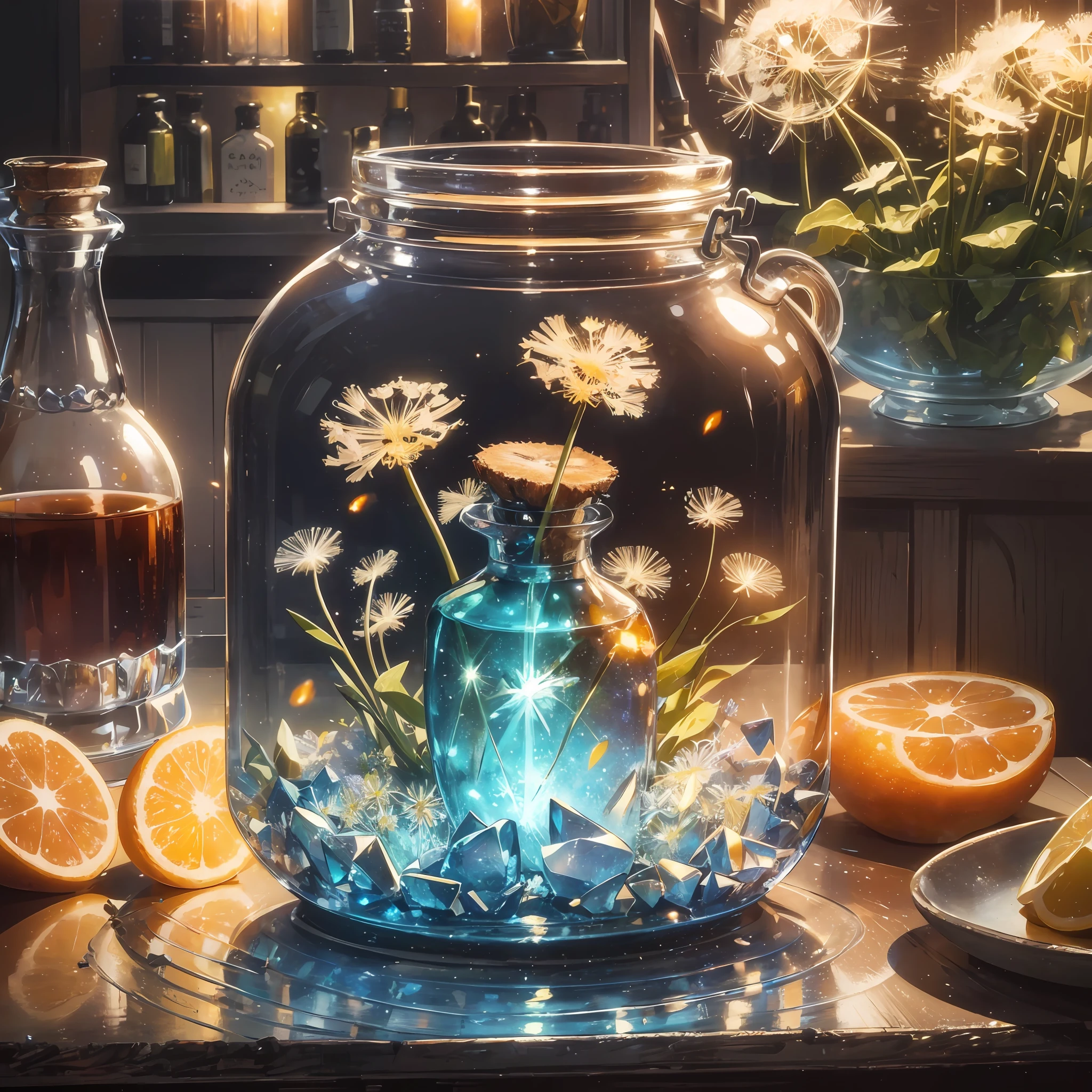 Computer, Extensive landscape ultrasound photography (general view, which shows a glass glass, glass bottle, inside, dandelion, ), bottle, loaf (detailed description of the bottle, dandelion), glass, (detailed description), inside the glass dew (ultradetail), yellow dandelion (detailed), morning sky (detailed), bottle, reflection of dawn (1: 3), fireflies (1: 3), (ultra-detailed description of appearance), bottle, candle (crystals: 1,2), BREAK production art, (cold light source: 1.2), (Firefly:1.2),Orange, Yellow, Fire Particles, Colors, Intricate Details, Volumetric Lighting, Realistic Fantasy BREAK (Masterpiece:1.2), Reflection, (Best Quality), 4k, Ultra Detailed, (Dynamic Composition: 1.4), High Detailed, Colorful Details, (Warm Colors: 1.2), (Luminous Lighting, Atmospheric Lighting), Warm, Light, Magical, 3D