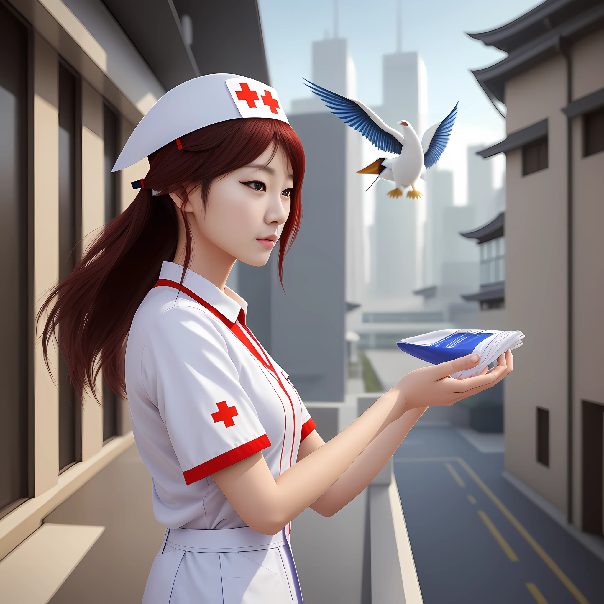 Chinese woman, there is a woman in a nurse's uniform, hands raised, head up, eyes looking into the distance, nurse girl, nurse, realistic cosplay, professional cosplay, realistic fantasy photography, inspired by Koson Ohara, beautiful digital artwork, anime girl cosplay, cosplay photo, by Fei Danxu, Guvez style artwork, sakimichan Frank Franzzeta, medical staff, nurse costume