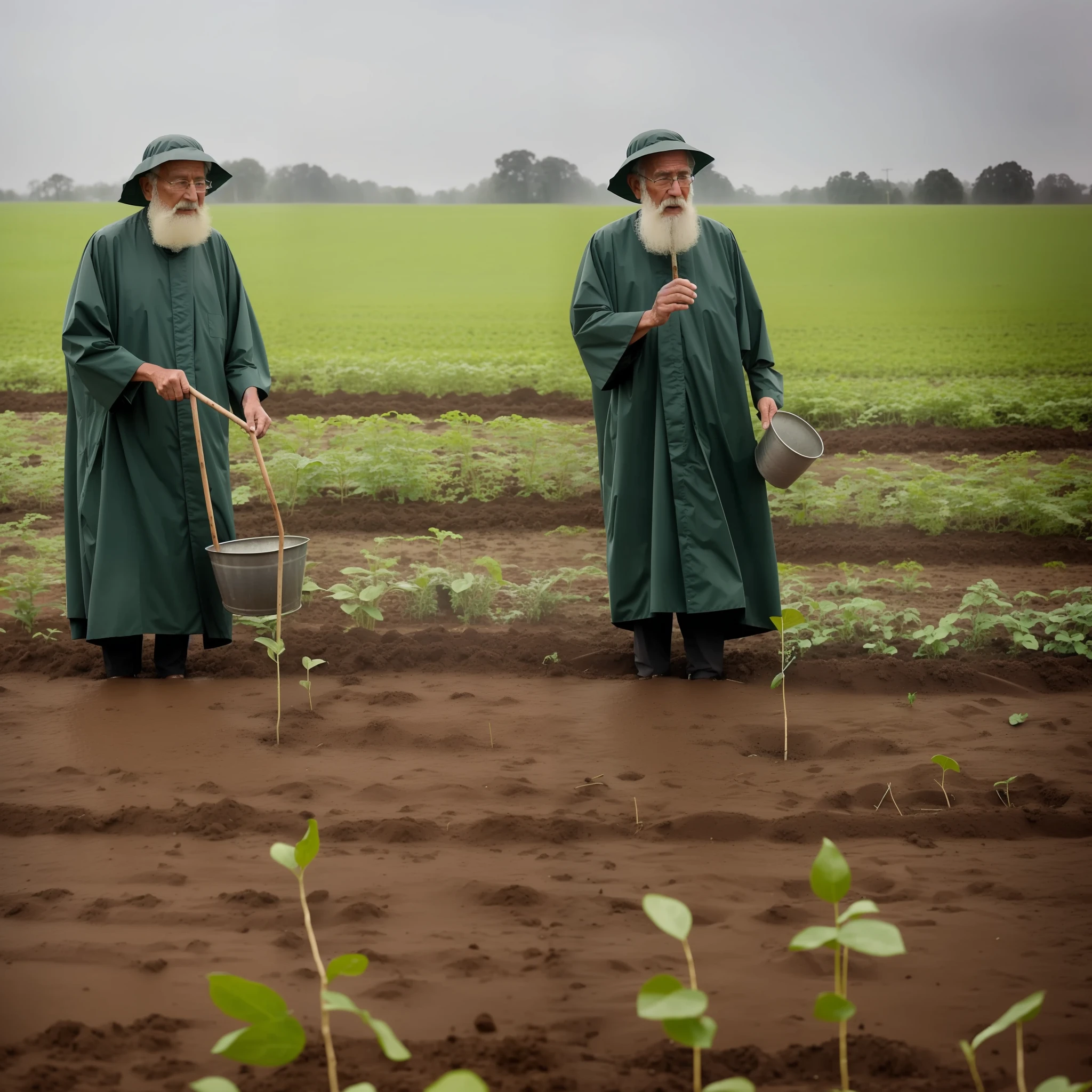 In the rainy farmland, an old man wearing a gown and a bucket hat planted seedlings in the field