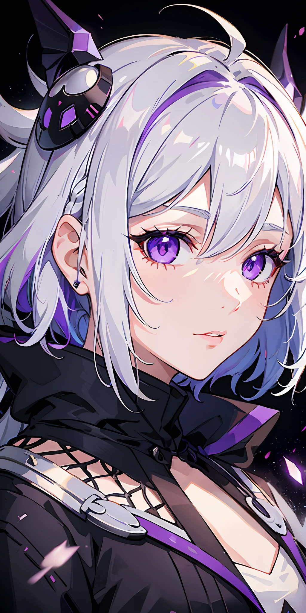 1girl, white hair, multicolored hair, purple eyes, mask on head, sidelighting, light particles, wallpaper,