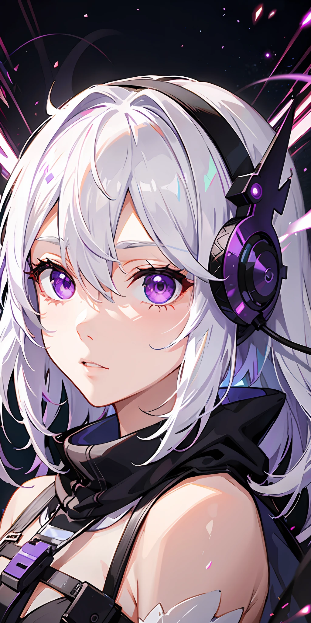 1girl, white hair, multicolored hair, purple eyes, mask on head, sidelighting, light particles, wallpaper,