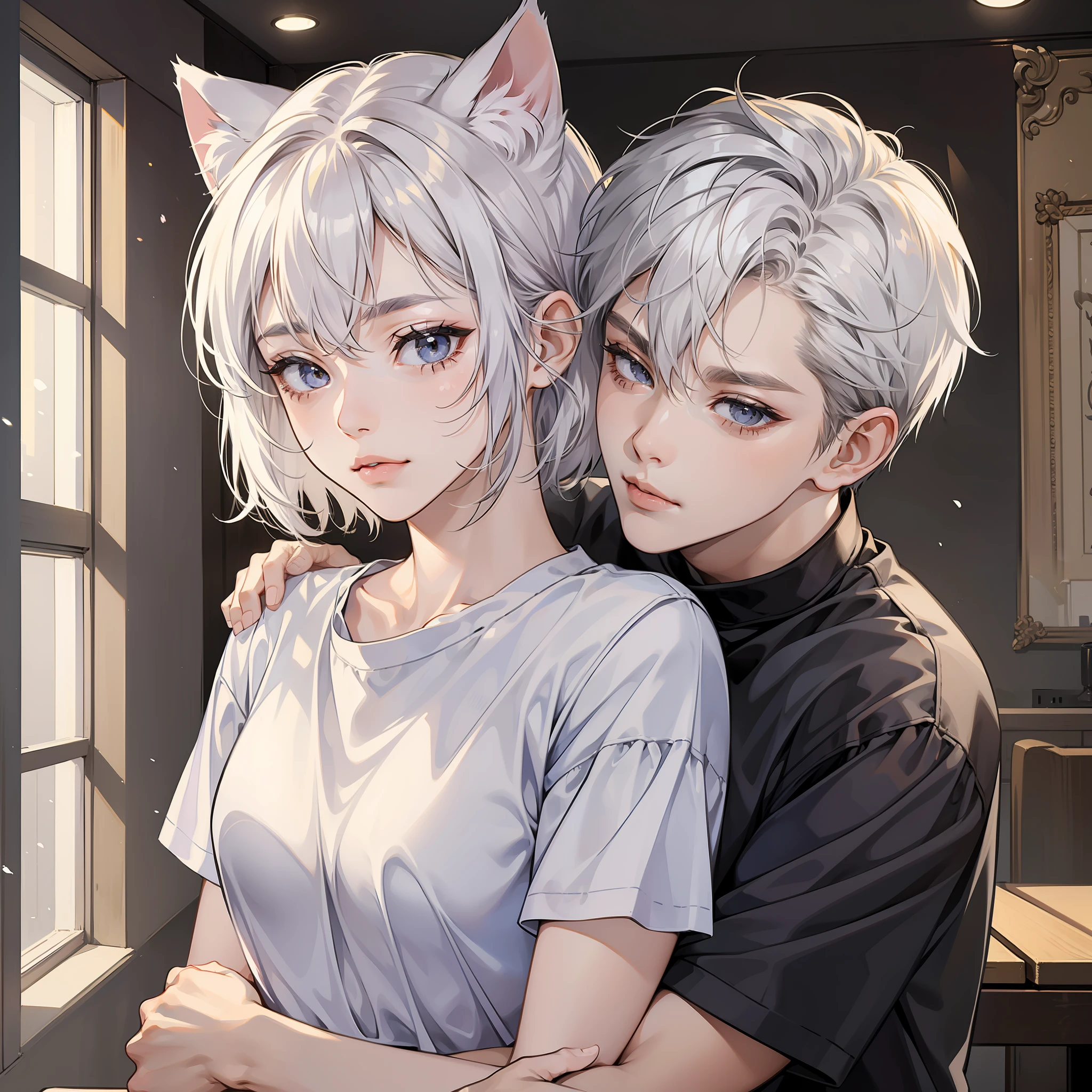 ((Masterpiece)), (Best Quality), (Detailed), (1girl), short white hair, cat ears, shyness, black eyes, white T-shirt, hugging a man, in the room