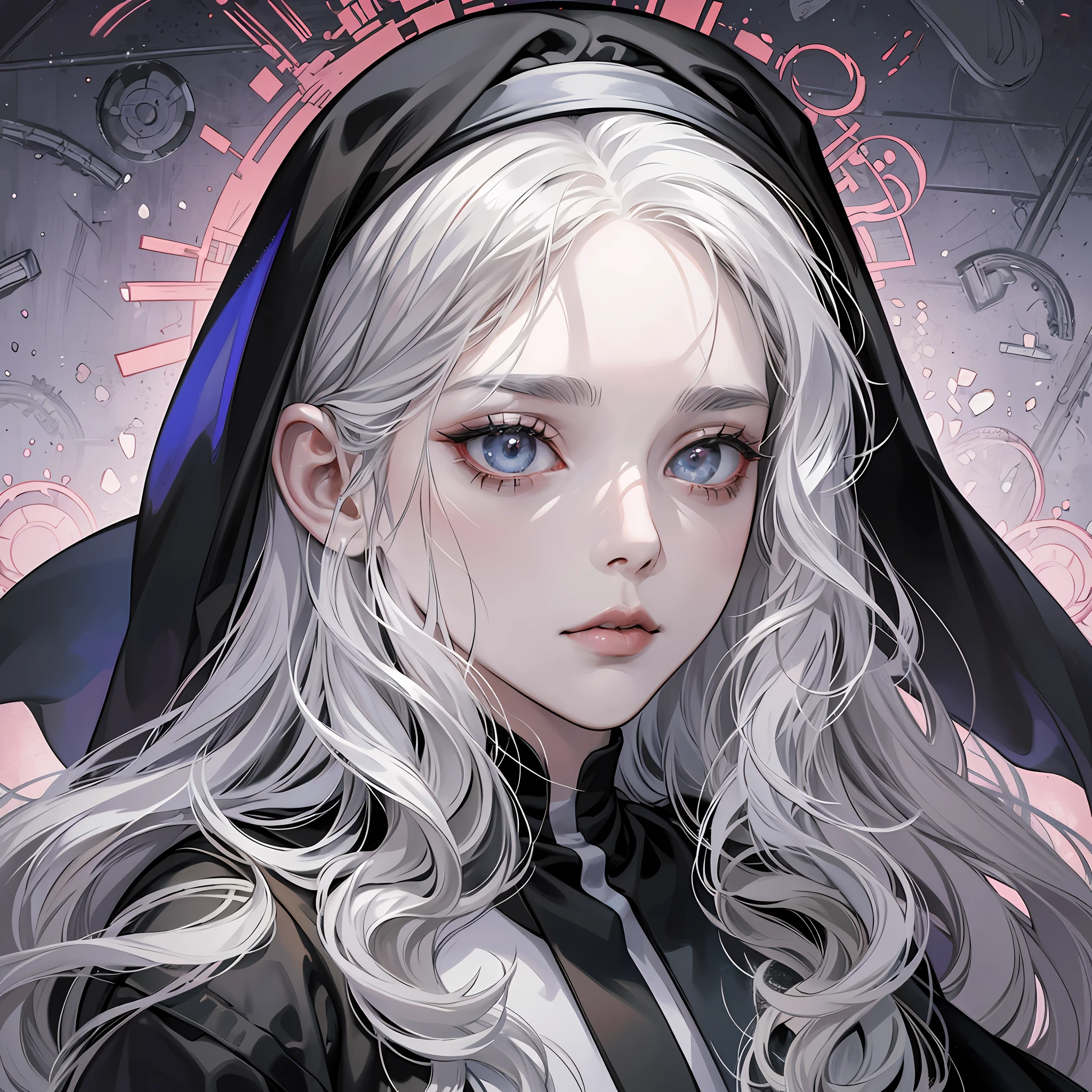 a woman with long white hair and gray eyes in a black and white dress, an imvu inspired by Martina Joanna, an obsessively beautiful zombie inspired by Takeshi Obata, a portrait of Lady Mary pale as marble, Griffith from Berserk, a portrait of an old necromancer, Billie Eilish as a sad nun --auto --s2