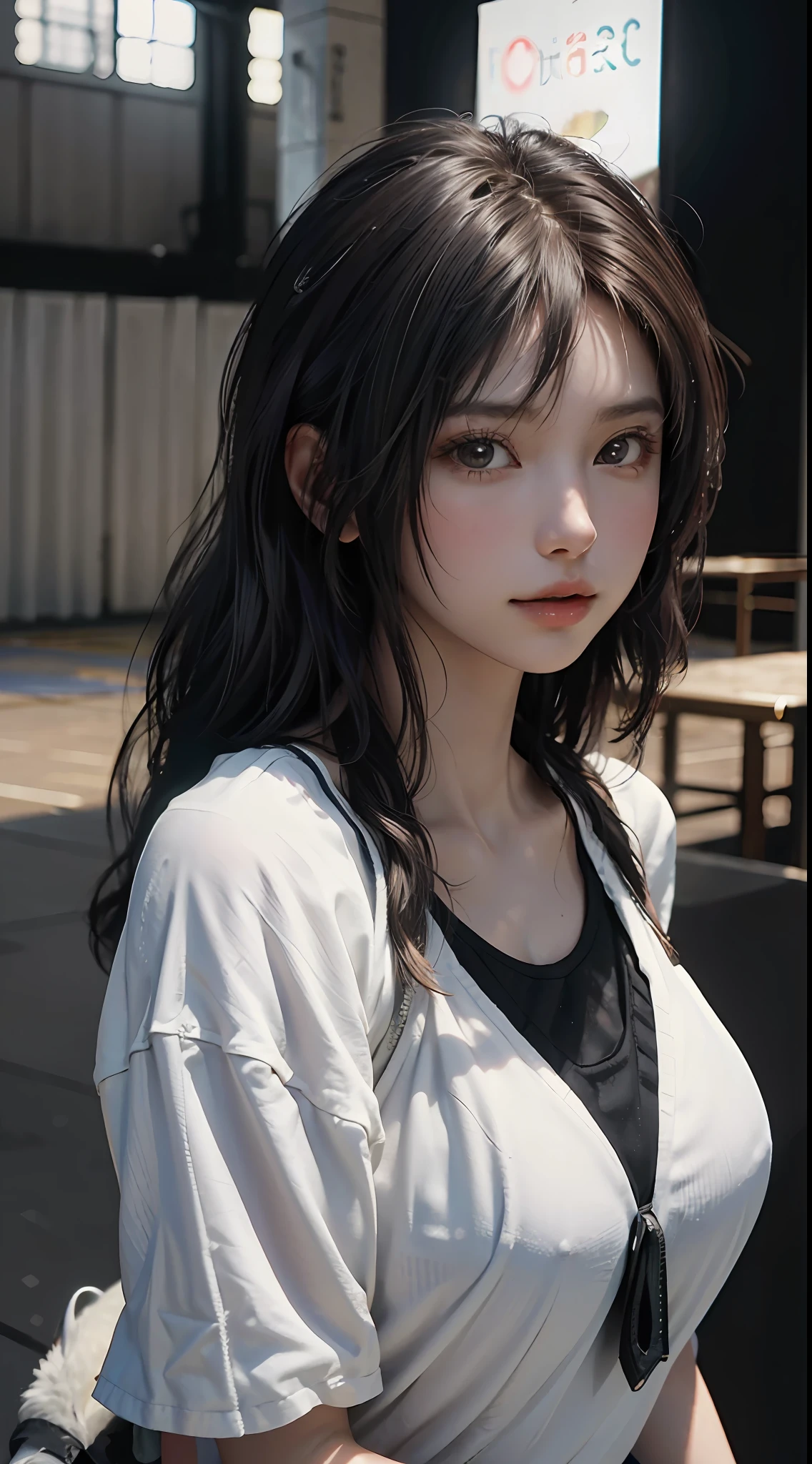 (RAW photo, 4k, masterpiece, high resolution, extremely complex) (realistic: 1.4), cinematic lighting
1 pretty girl, white skin, big breasts, single focus, summer noon, hot, 1990s \(style\), (best quality), (highres), (an extremely delicate and beautiful),,(Beautiful 8k face), (brown eyes), (ulzzang-6500:1.0), (solo), (looking side) ,(bend)(spectators),(large breasts),(NBA),
lookside,(side), ,(Basketball sportswear),((Play basketball)),((gymnasium)),((speed)),(reality),