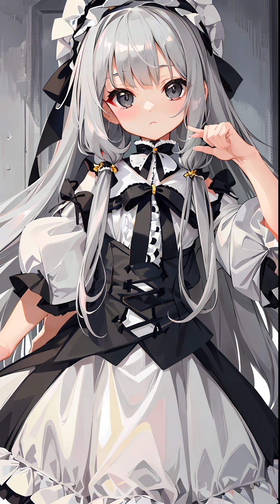 (grey long hair, cute little lolita), (pure white Lolita + cute cute cute cute cute cute cute cute cute: 1.3), (black eyes + extreme details + exquisite) (impasto style)