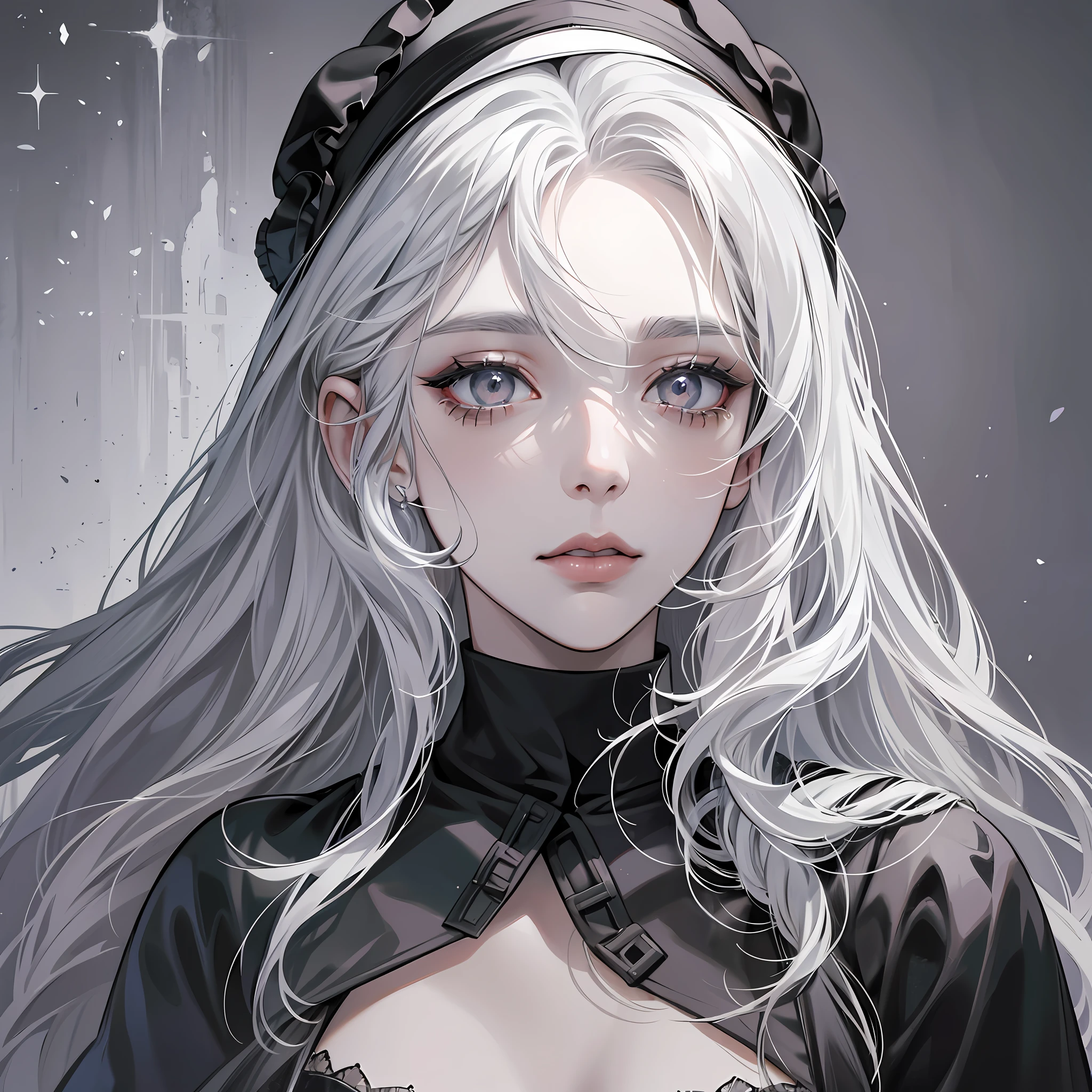 a woman with long white hair and gray eyes in a black and white dress, an imvu inspired by Martina Joanna, an obsessively beautiful zombie inspired by Takeshi Obata, a portrait of Lady Mary pale as marble, Griffith from Berserk, a portrait of an old necromancer, Billie Eilish as a sad nun --auto --s2
