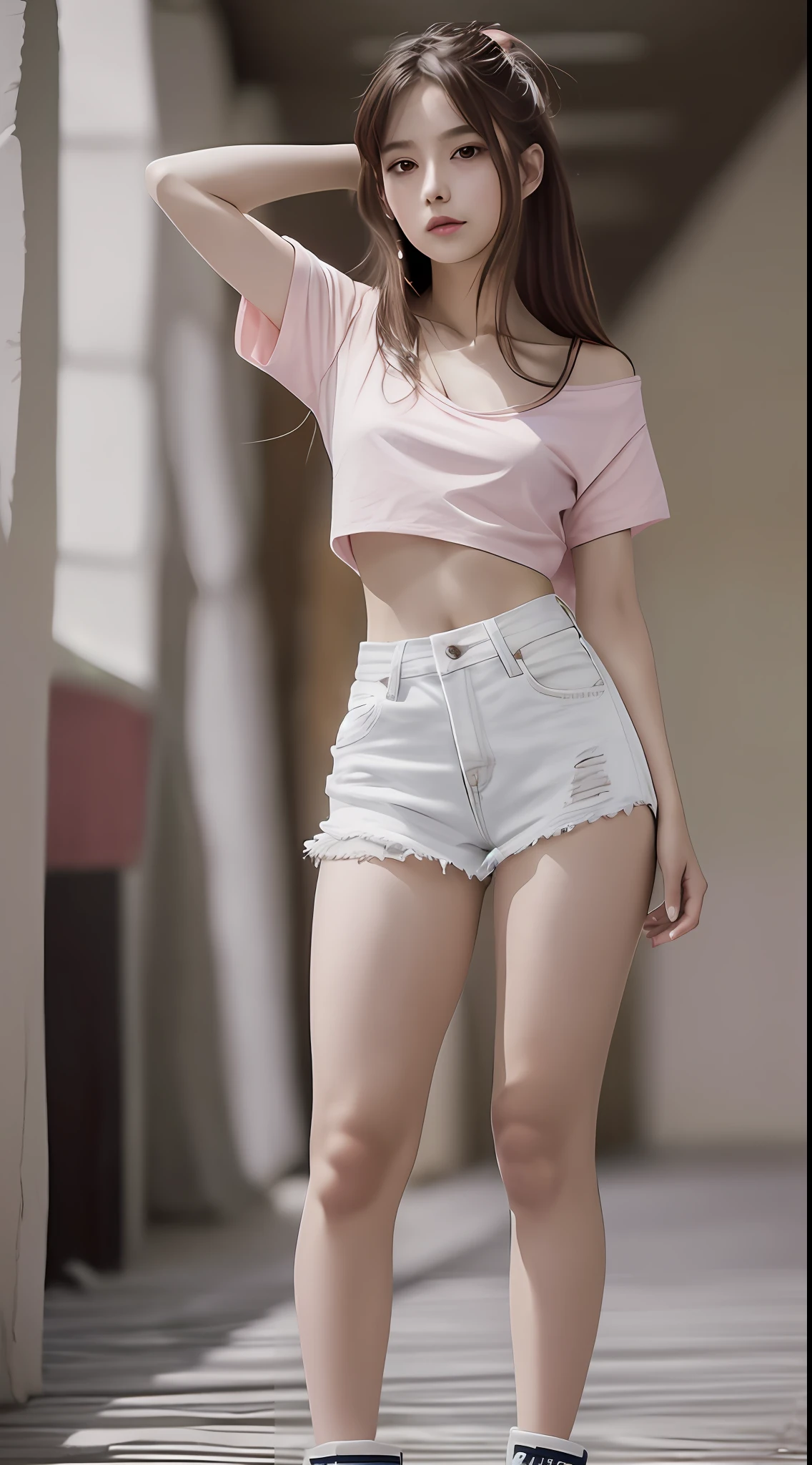 Best quality, full body portrait, delicate face, film texture, 18-year-old girl, slim figure, small bust, white crop top T-shirt, waist open pink denim skirt, elevation angles, revealing cream briefs, gymnasium scene, standing tall