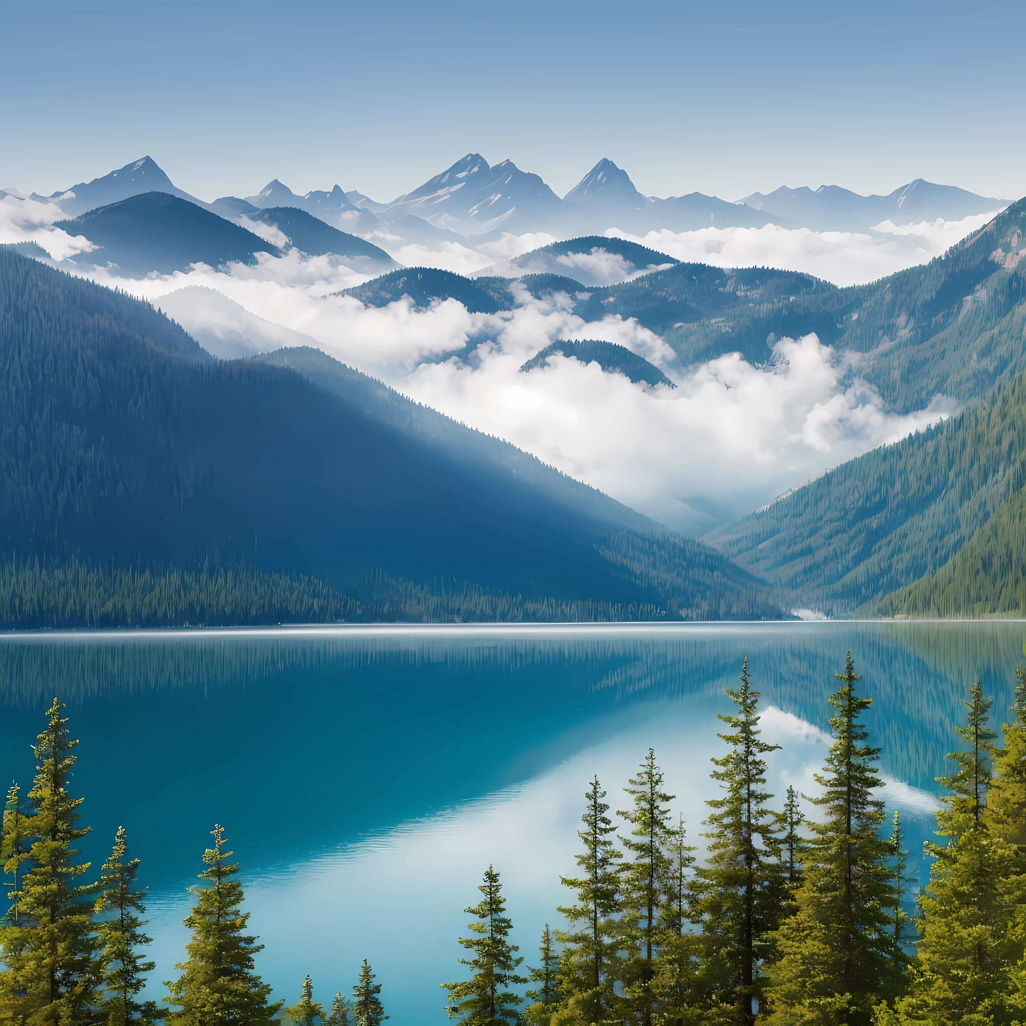 (detailed) “A serene lake nestled between two towering mountains, with a misty fog hovering just above the water’s surface”, (realistic:1.1) --auto --s2
