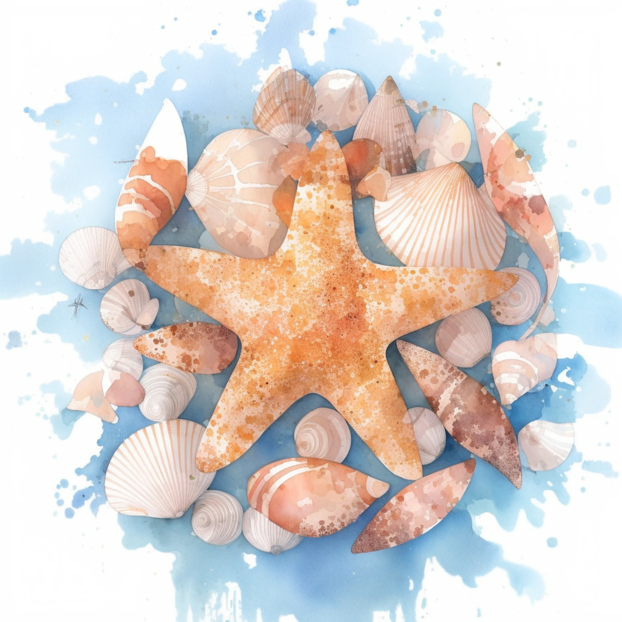 a watercolor painting with a white background a Starfish and seashells, realistic, ink splash, ink splatter