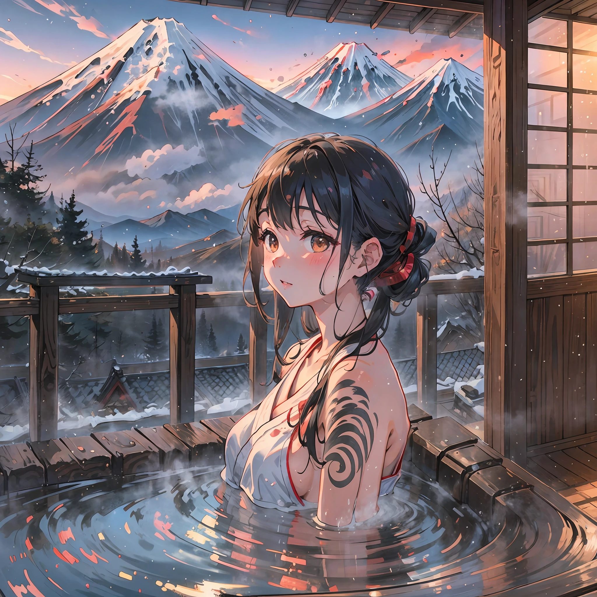 Onsen girl, shoulder-deep hot water, cute girl, realistic, steamy, view of Mt. Fuji in the distance --auto --s2