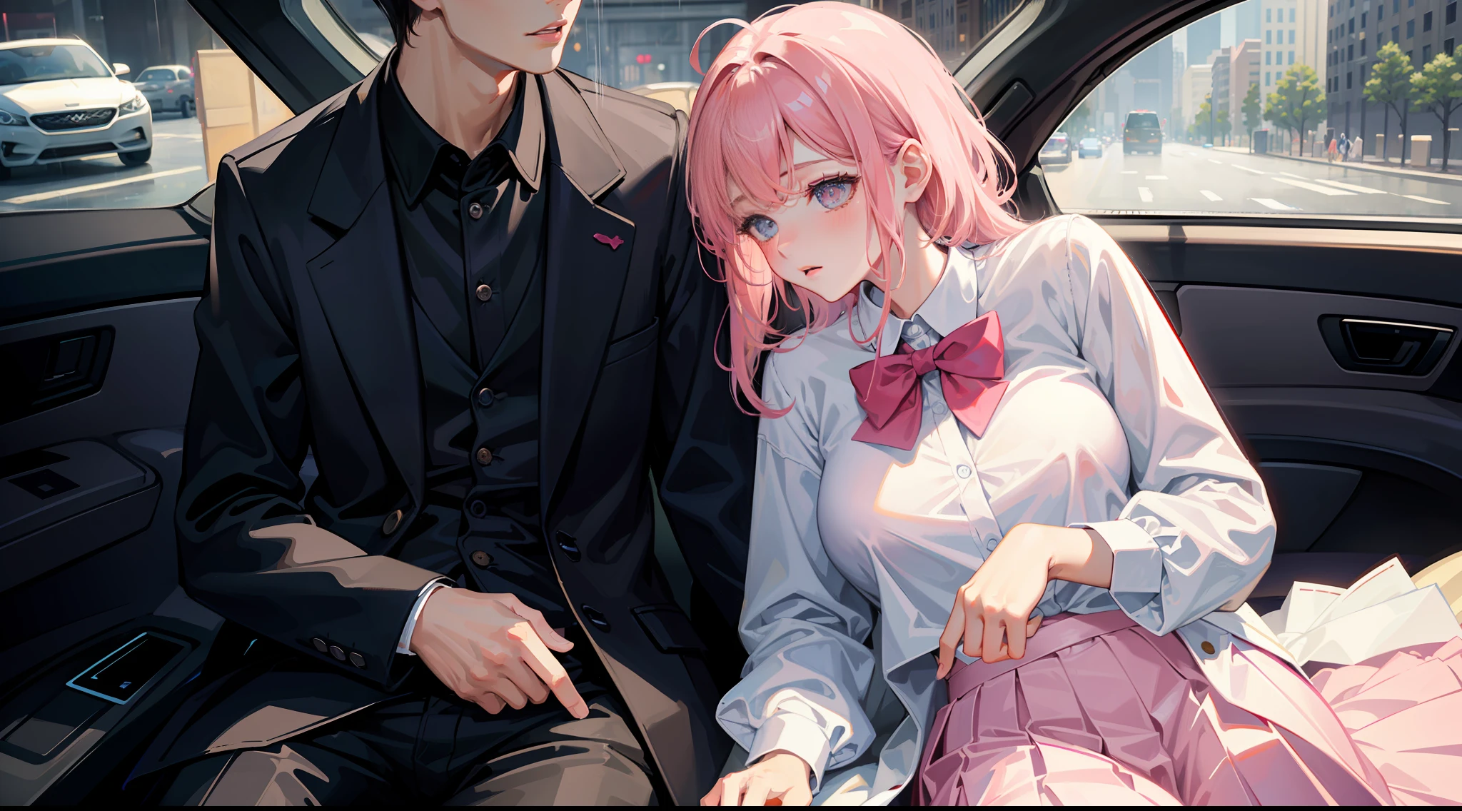 Masterpiece, best quality, super detailed, illustration, beautiful detailed eyes, close up, with a boy and a girl. It is pink hair, white pleated shirt, breast art, skirt. The boy is black hair, black suit, black pants. Boys and girls kissing in car, heavy rain weather