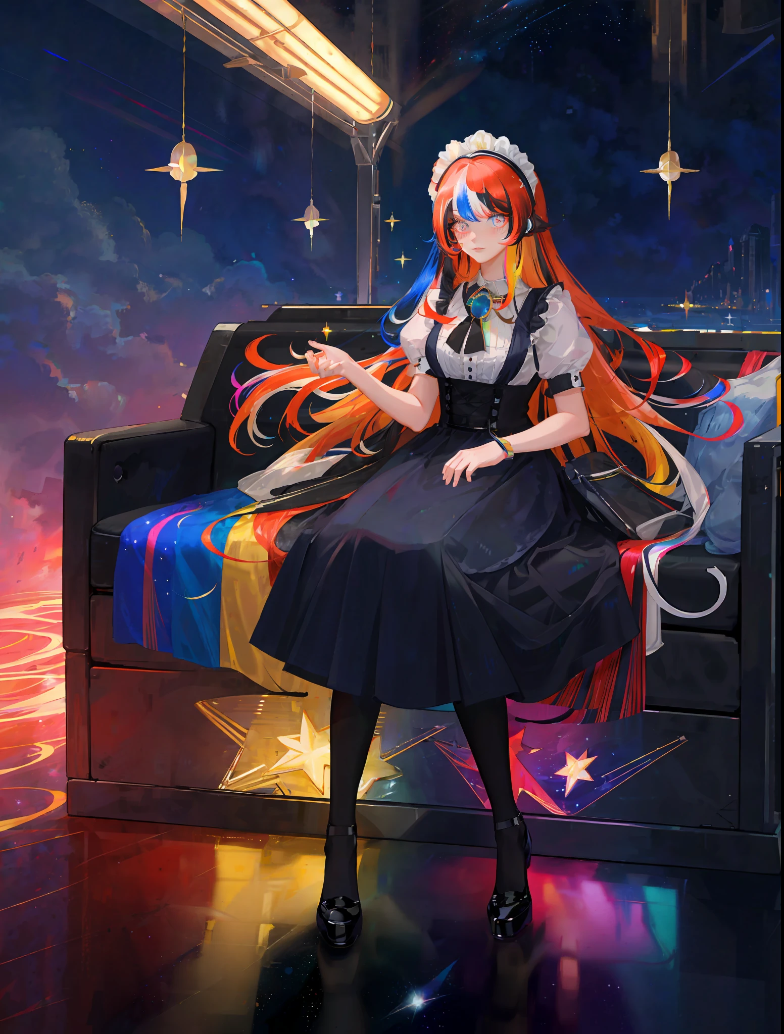masterpiece, best quality, masterpiece, godlike quality, godlike art, highly detailed face, full body, highly realistic, cute, young girl, big eyes, long eyelashes, multicolored hair, multicolored eyes, shiny skin, full lips, big lips, shiny skin, blushing, magnificent view, in space, starry background, stars, shining light, multicolored light, maid costume