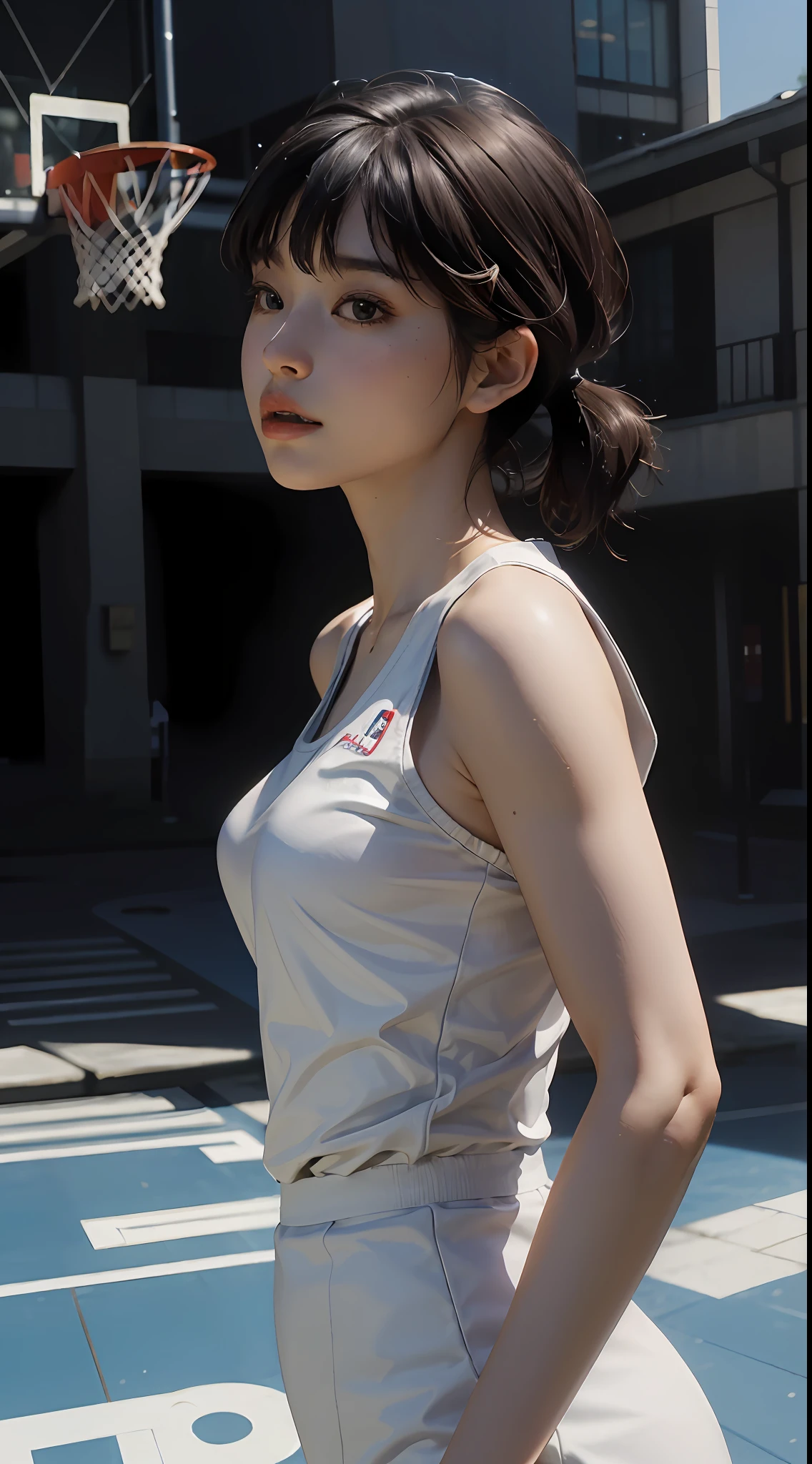 (RAW photo, 4k, masterpiece, high resolution, extremely complex) (realistic: 1.4), cinematic lighting
1 pretty girl, white skin, big breasts, single focus, summer noon, hot, 1990s \(style\), (best quality), (highres), (an extremely delicate and beautiful),,(Beautiful 8k face), (brown eyes), (ulzzang-6500:1.0), (solo), (looking side) ,（bend）(spectators),(large breasts),(NBA),
lookside,(side), ,(Basketball sportswear),((Play basketball)),((gymnasium)),((speed)),(reality),