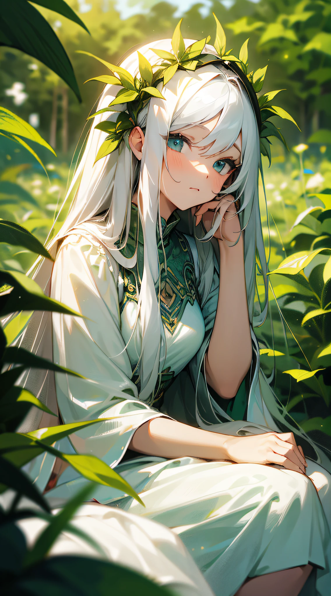 (masterpiece, best quality),1girl with long white hair sitting in a field of green plants and flowers, her hand under her chin, warm lighting, white dress, blurry foreground