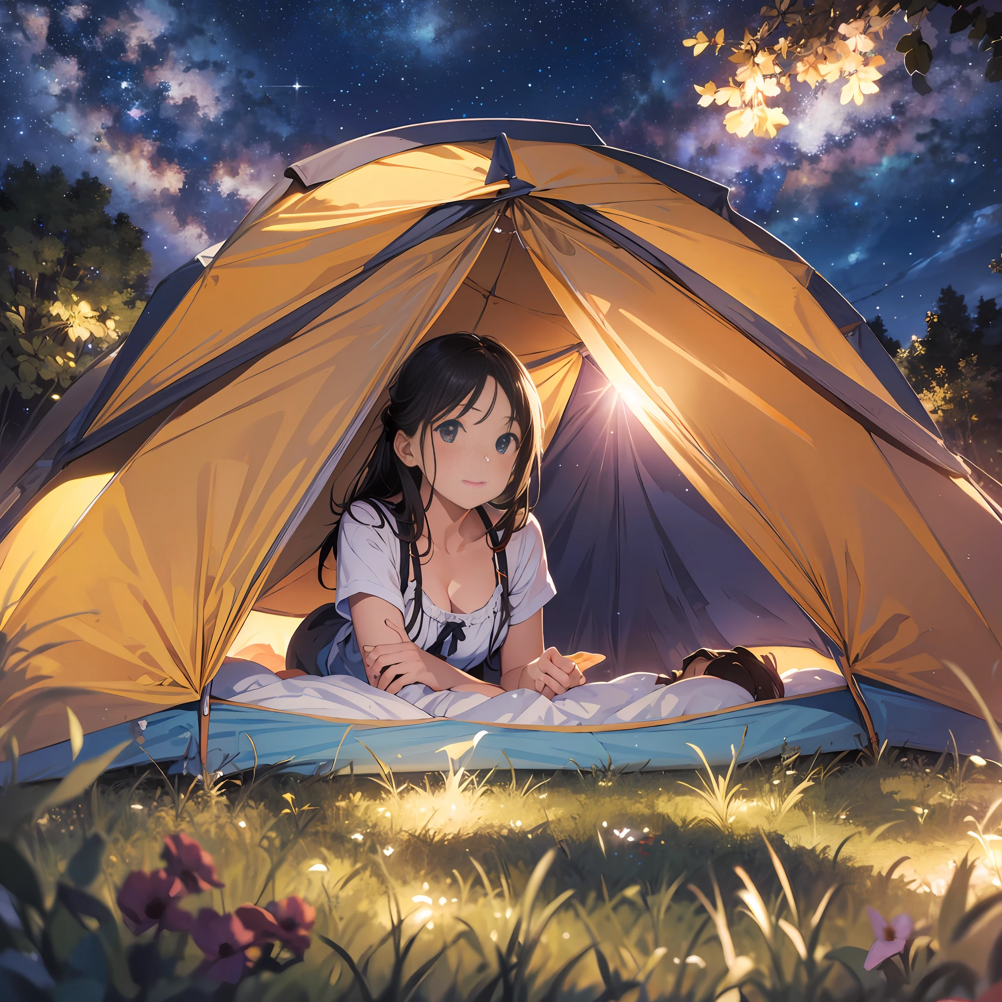 best quality, masterpiece, ultra high res, (photorealistic:1.4), 1girl , looking at viewer , from below , beautiful , summer , night, camping