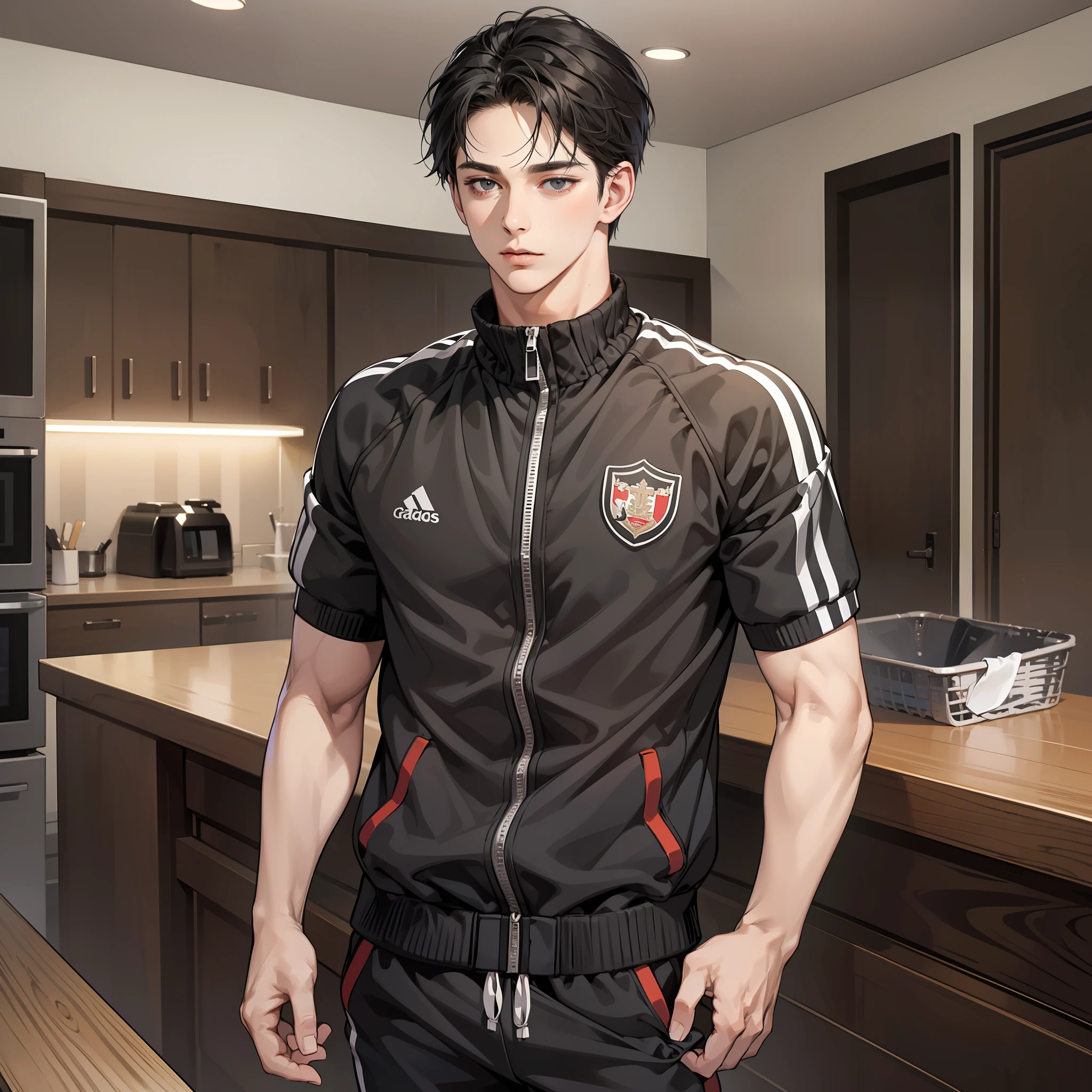 Masterpiece, high quality, best quality, HD, realistic, perfect lighting, detailed face, detailed body, 1 man, short black hair, black tracksuit, (innocent expression: 1.5) (face innocent: 1.5), standing in the room