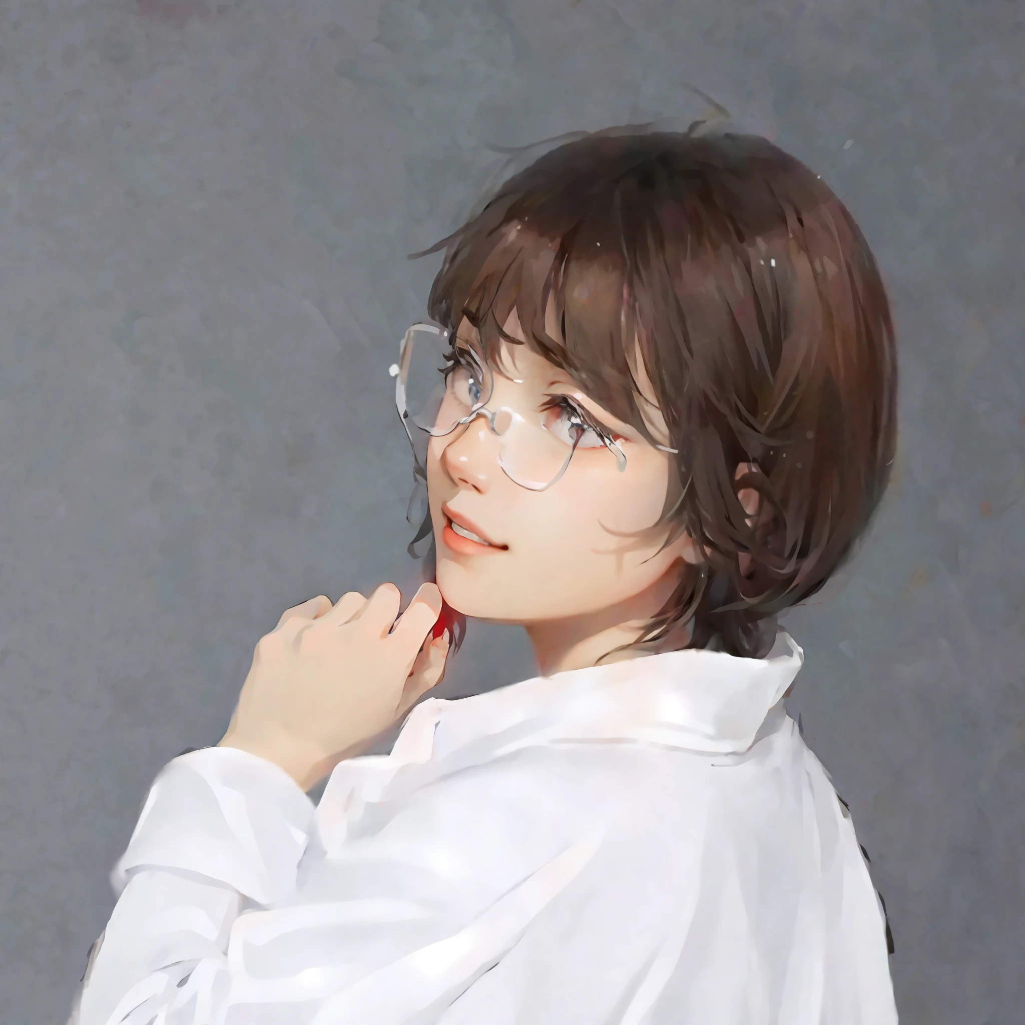 (Masterpiece, Monochrome, Colorful: 1.0), (Maximum Quality: 1.2), (Ultra High Quality: 1.1), Masterpiece, Best Quality, (Very Detailed CG Unity 8k Wallpaper), (High Detailed), (Best Illustration), ( Best Shadow), Realistic Lighting, costume girl,portrait of a girl, gauze skirt,jewelry, Red Lips, Beautiful, Big Eyes一个戴眼镜和白衬衫的女人摆姿势拍照,一个专业的头和一个女孩捧着脸颊,一个女孩的肖像, 美丽, 大眼睛