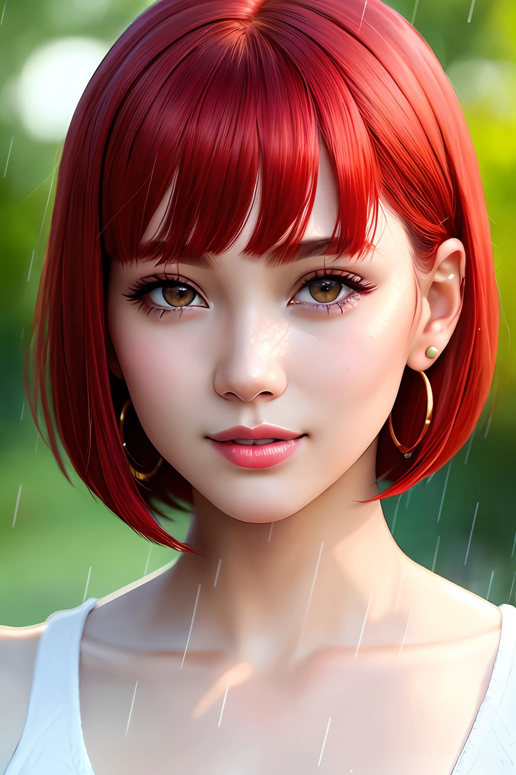 (best quality), (photo-realistic:1.2),realistic skin texture 1girl,Cute,Double eyelid, bangs, red bob cut, highlight red hair, Thin,(figure),slim,smile, earrings, looking at viewer,face focus, crying in the rain,depth of field,