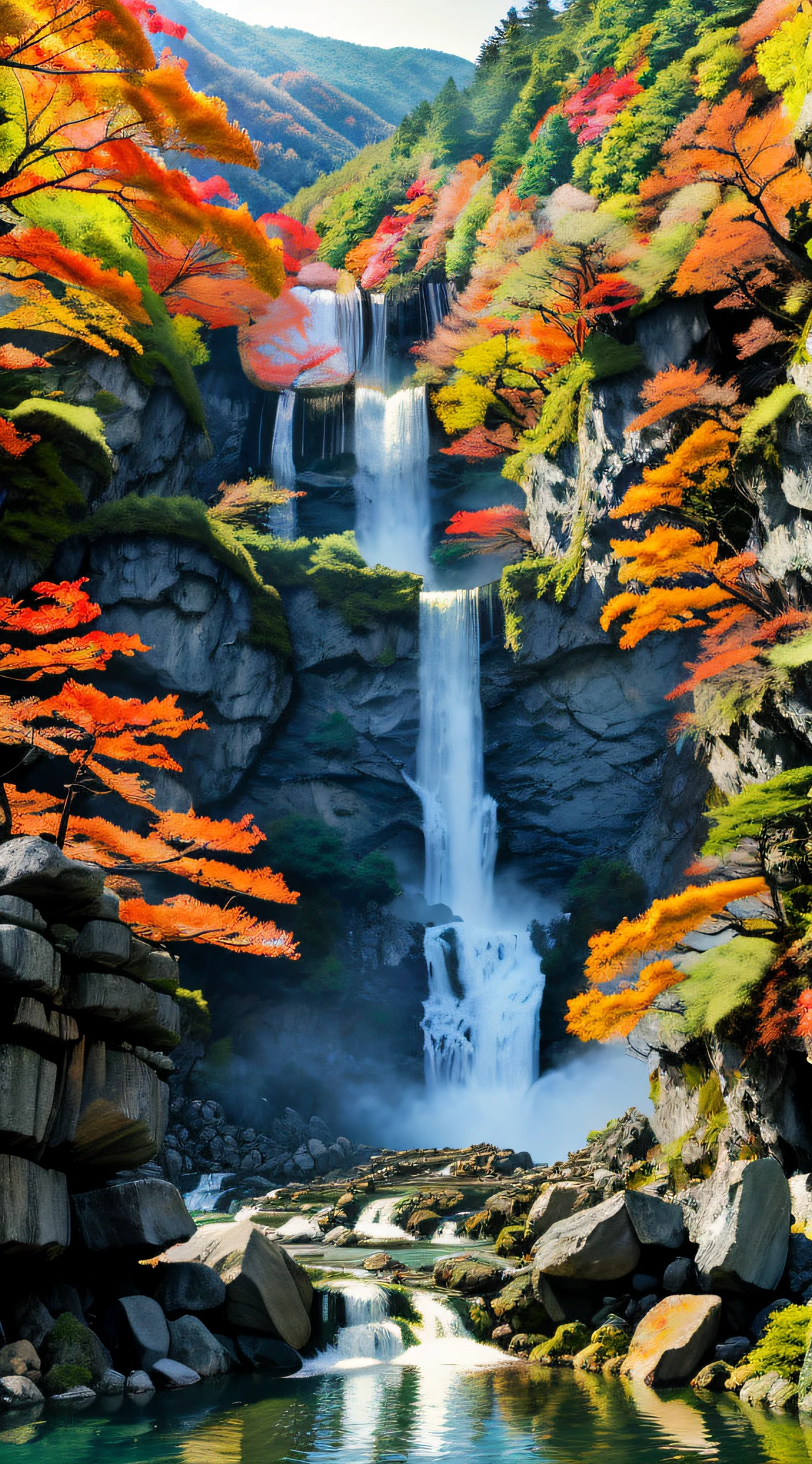 Ryuzu Falls in Nikko, Tochigi Prefecture, with waterfalls divided into two, waterfalls surrounded by trees and rocks, autumn foliage, forests and waterfalls, waterfalls and lakes and lakes, beautifully reflecting water surface, magma cascade, lake and waterfall, (waterfall), cascade, oval trimming