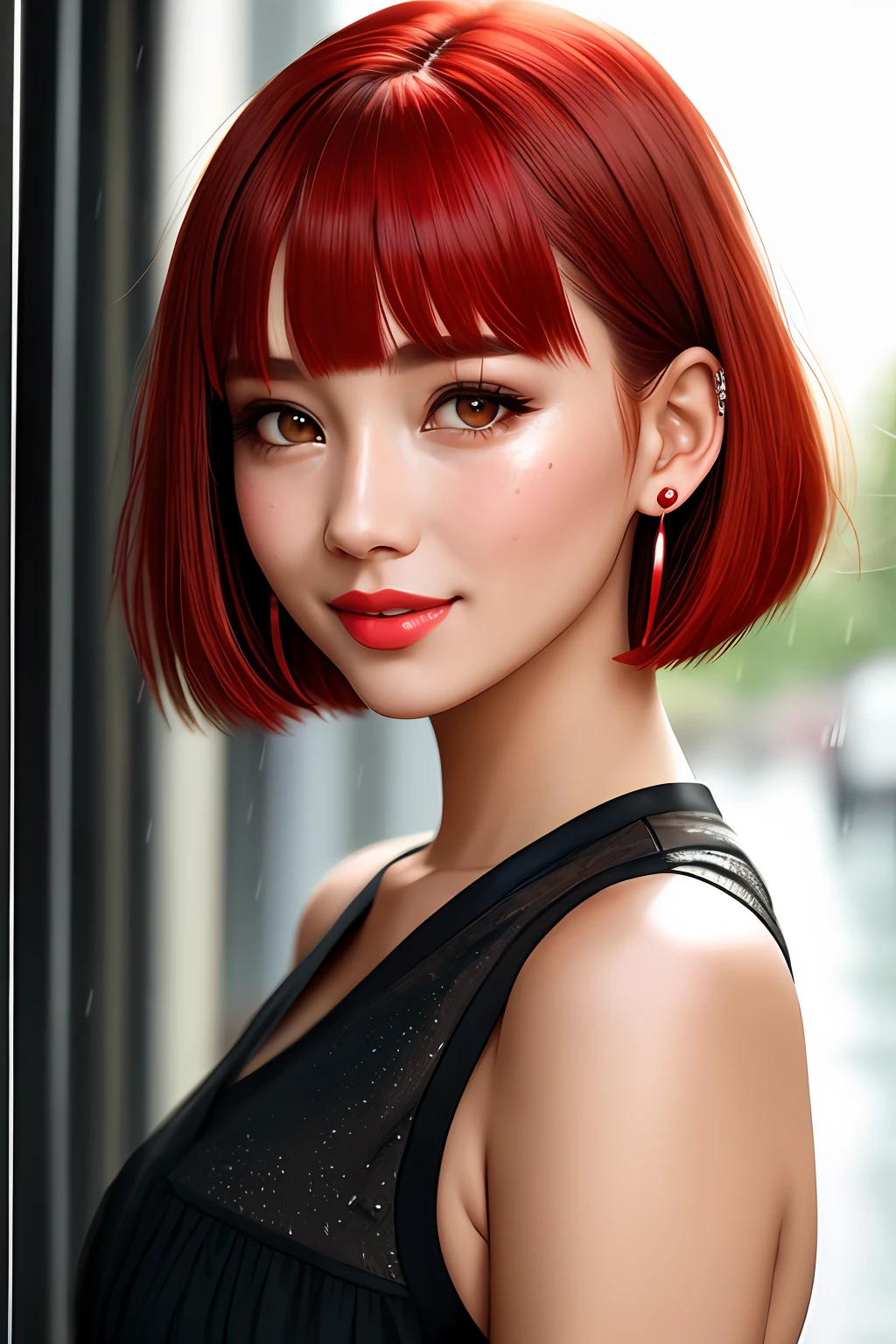 (best quality), (photo-realistic:1.2),realistic skin texture 1girl,Cute,Double eyelid, bangs, red bob cut, highlight red hair, Thin,(figure),slim,smile, earrings, looking at viewer,face focus, crying in the rain,depth of field,