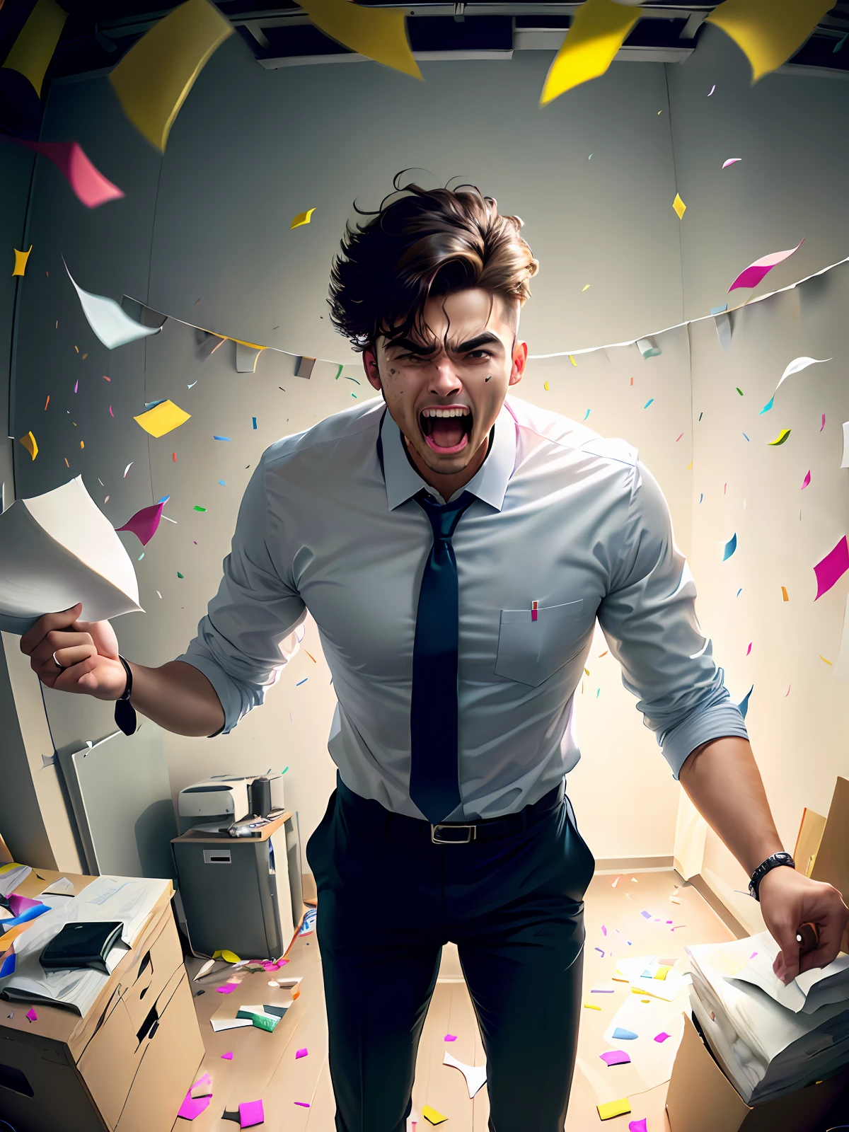 A man in work clothes, standing in a messy office, screaming loudly, confetti flying around, dynamic image, impact, top view camera, panorama, camera away from man