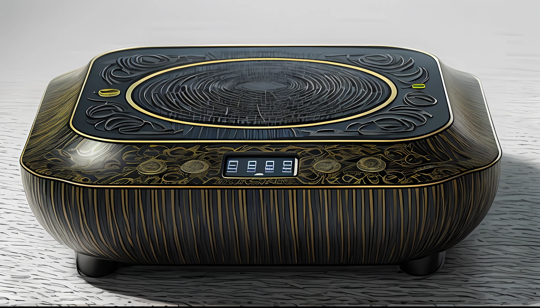 Close-up of yellow electronic cooktop, (Yellow porcelain, Gzhel, Rococo: 1.0), VTM, technology, high tech, product image, rhythm, premium, amazing high technology, vibrant environment, vibrant and dynamic, warm, decorative, ultra hd, full body, master, high-end, timeless masterpiece, very dynamic, Rodney Joseph Bourne, full body, full body