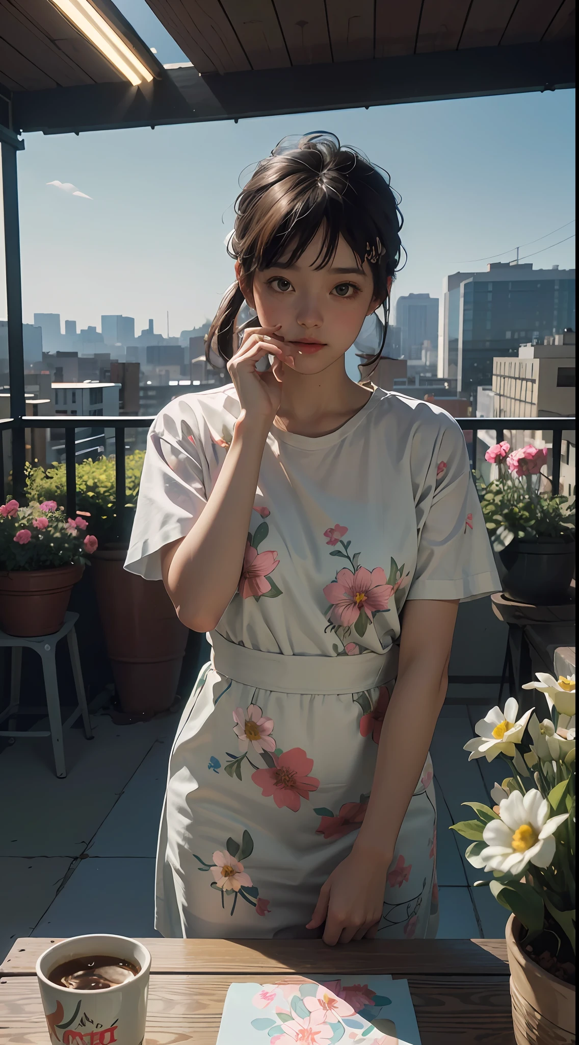 masterpiece,best quality,masterpiece,best quality,official art,extremely detailed CG unity 8k wallpaper,Slight retro color,riso print style,illustration,cute,1girl,Flowers,Windowsill,flowerpot,Drink coffee,.
