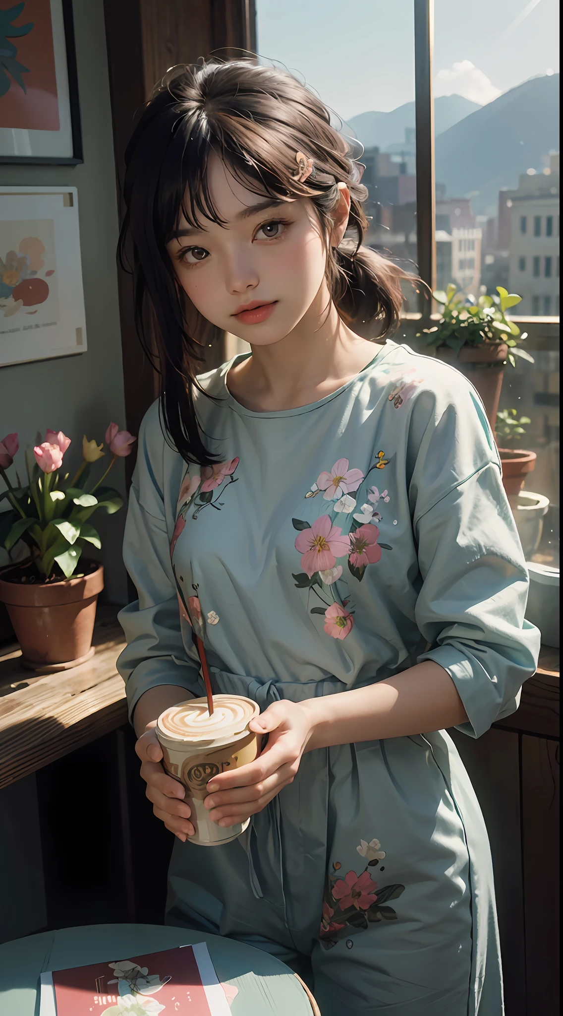 masterpiece,best quality,masterpiece,best quality,official art,extremely detailed CG unity 8k wallpaper,Slight retro color,riso print style,illustration,cute,1girl,Flowers,Windowsill,flowerpot,Drink coffee,.