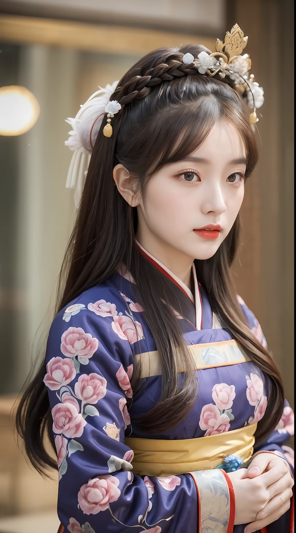 ((Best Quality, 8K, Masterpiece: 1.3)), Focus: 1.2, Perfect Body Beauty: 1.4 , ((Ming Dynasty Hairstyle: 1.2)), , (:1.3), Highly Detailed Face and Skin Texture, Fine Eyes, Double Eyelids, Whitened Skin, (Long Hair: 1.3), (Round Face: 1.5), (Ming Dynasty Hanfu: 1.6), (Ming Style: 1.3)