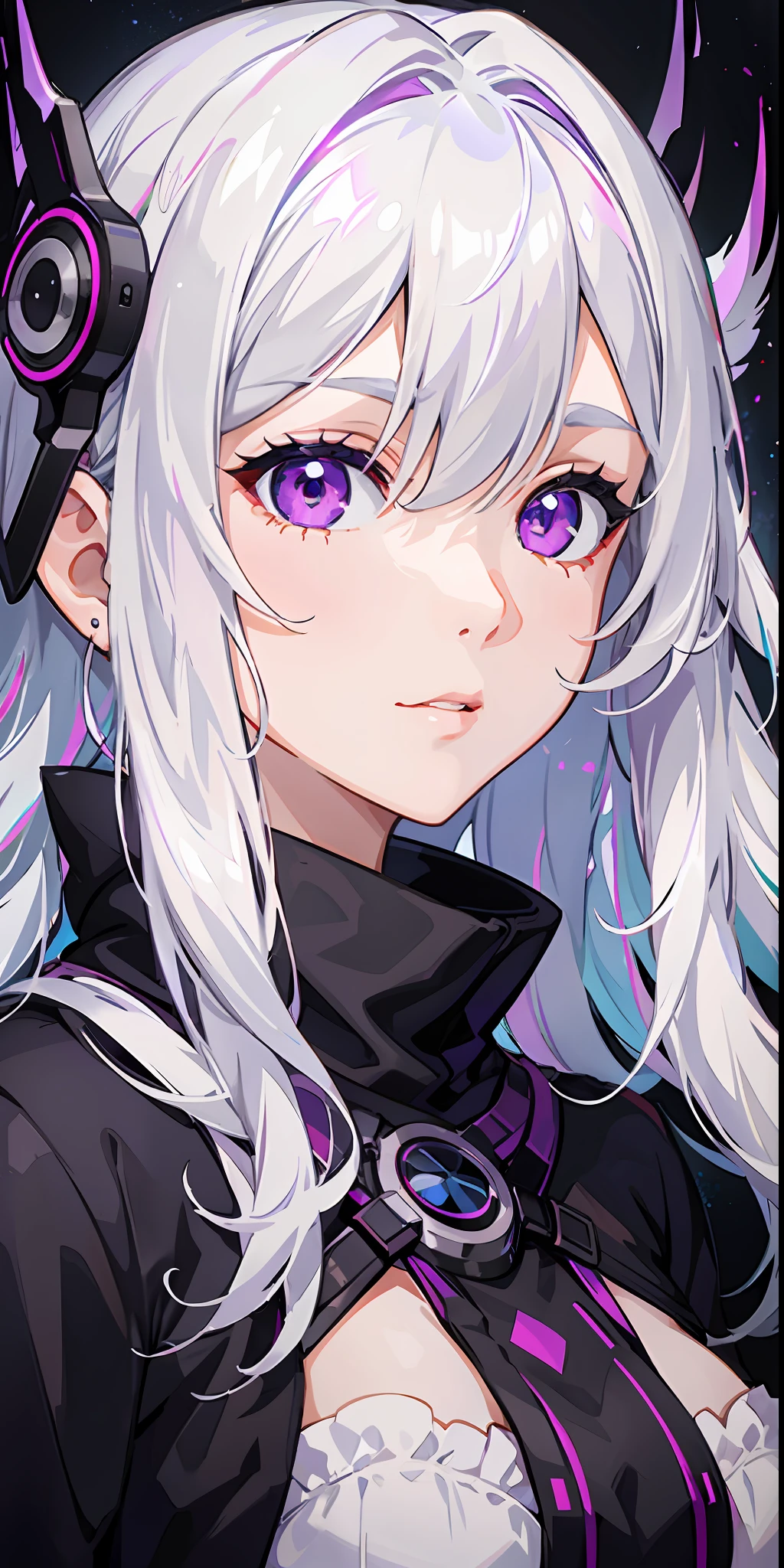 1girl, white hair, multicolored hair, purple eyes, mask on head, sidelighting, light particles, wallpaper,