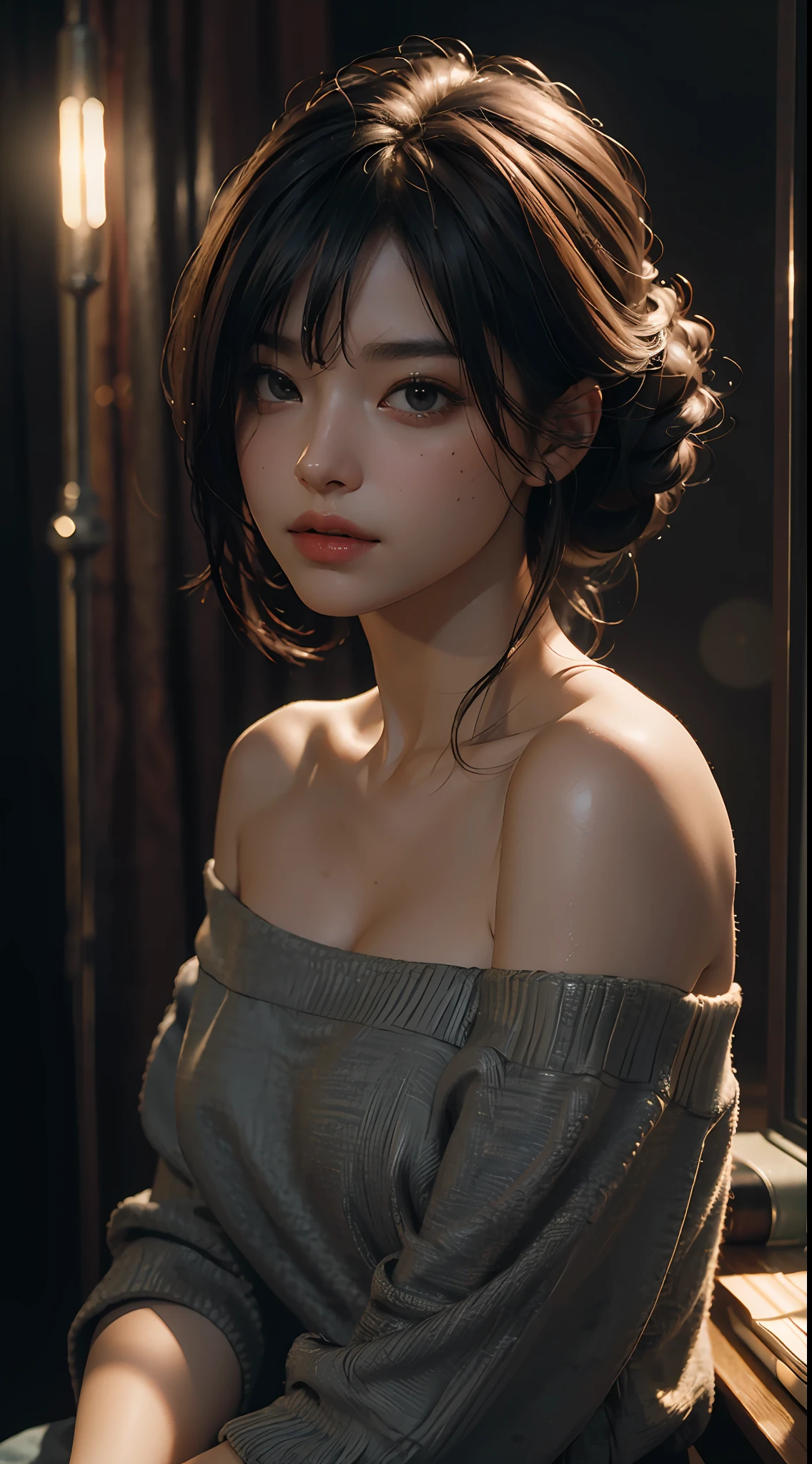 Best quality, masterpiece, ultra high res, (photorealistic:1.4), raw photo, 1girl, off shoulder, cinematic lighting