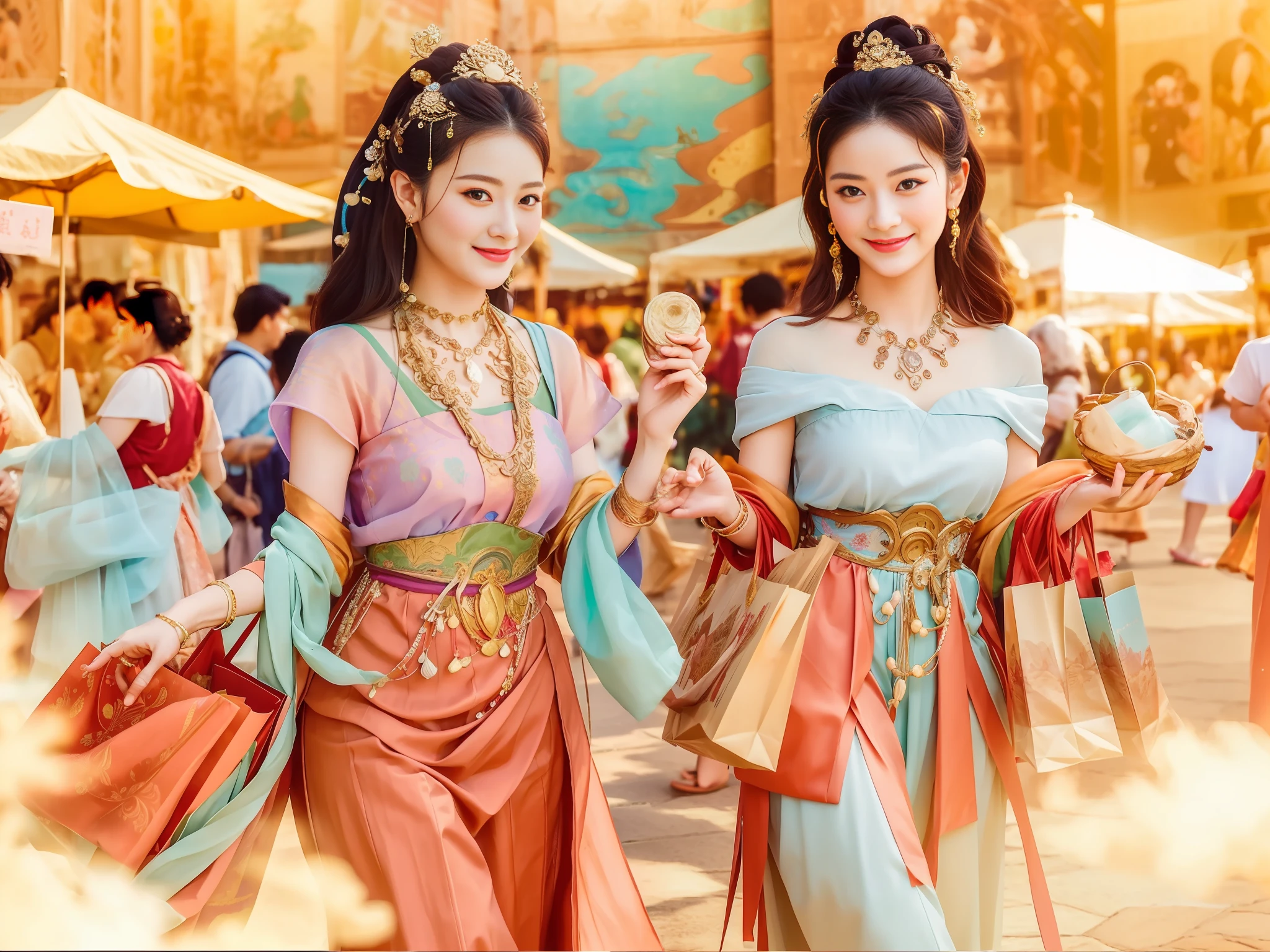 (((best quality)))), (((ultra-detailed))), (masterpiece))), illustration, several ancient beauties dressed in gorgeous costumes, carrying small baskets and cloth bags full of items, shopping happily in the market. The market is flooded with a wide variety of goods that overwhelm them. Full shot body photos of the world's most beautiful artworks, including ancient beauties shopping at the market, smiling, colorful costumes, traditions, culture, history, nostalgia, intricate details, high resolution, trends on social media, Instagram value, oriental, elegant, sophisticated, elegant, beautiful, shopping spree. Beautiful face, beautiful face,Dunhuang --S 2