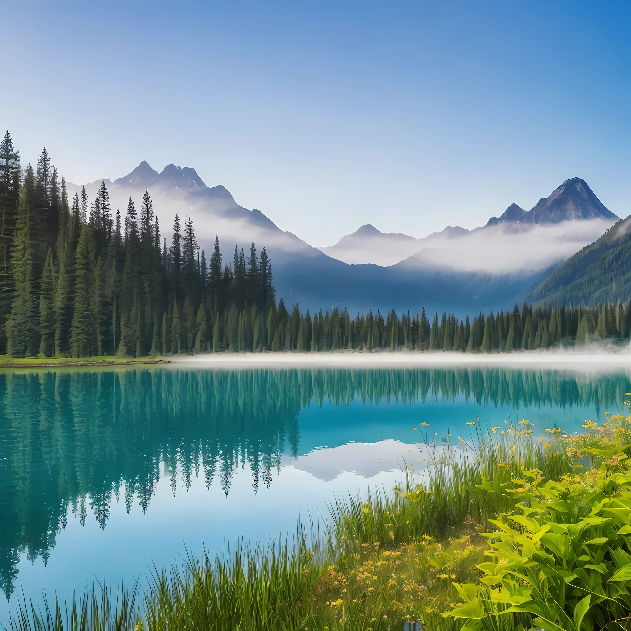 (detailed) “A serene lake nestled between two towering mountains, with a misty fog hovering just above the water’s surface”, (realistic:1.1) --auto --s2