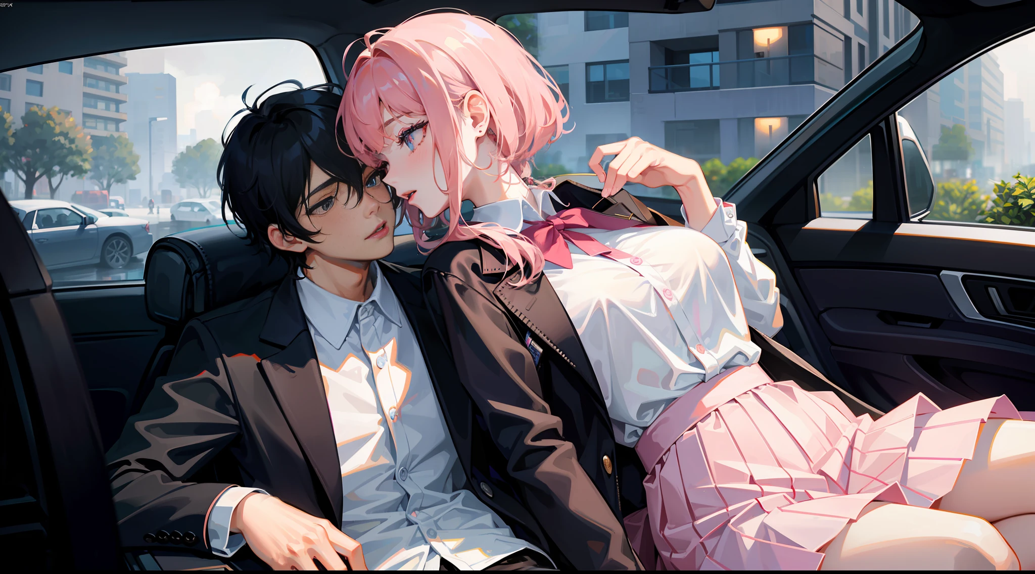Masterpiece, best quality, super detailed, illustration, beautiful detailed eyes, close up, with a boy and a girl. It is pink hair, white pleated shirt, cracked clothes buttons, breast art, skirt. The boy is black hair, black suit, black pants. Boys and girls kissing in car, heavy rain weather