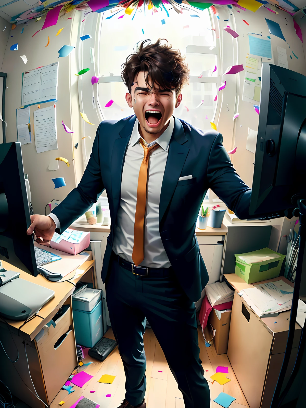 A man in work clothes, standing in a messy office, screaming loudly, confetti flying around, dynamic image, impact, top view camera, panorama, camera away from man