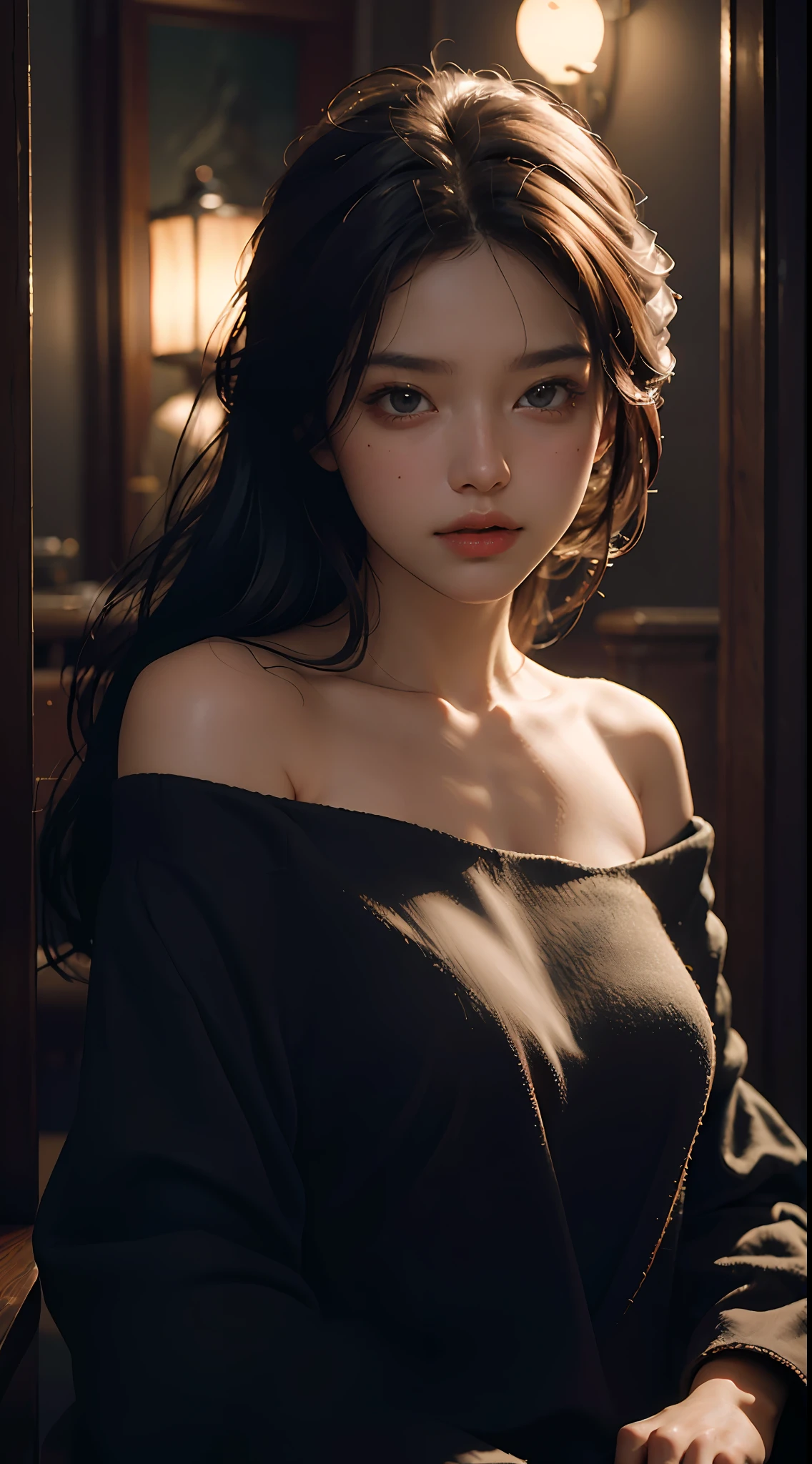 Best quality, masterpiece, ultra high res, (photorealistic:1.4), raw photo, 1girl, off shoulder, cinematic lighting
