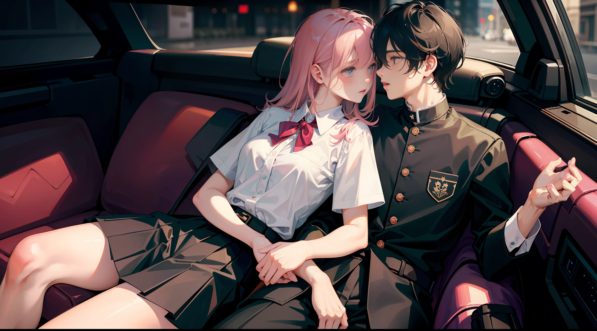Masterpiece, best quality, super detailed, illustrations, beautiful detail eyes, close up, with a boy and a girl. It was pink hair, white pleated shirt, cracked buttons on the chest, skirt. The boy is black hair, black suit, black pants. Boy and girl hugging in car, hot kiss, rainy weather