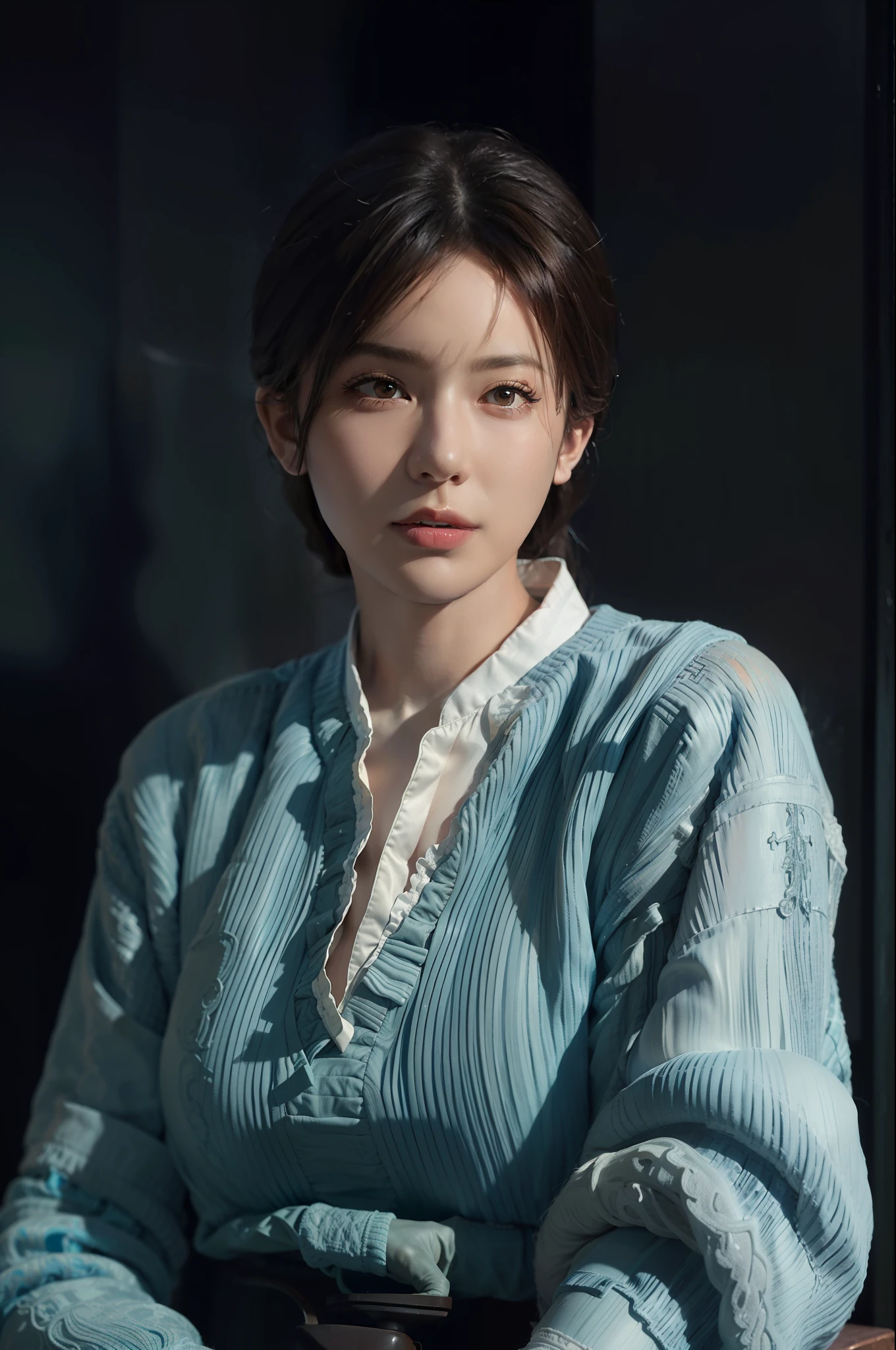 Hyperrealist portrait of female by david hockney and alphonse mucha,fantasy art, photo realistic, dynamic lighting, artstation, poster, volumetric lighting, very detailed faces, 4 k, award winning,, 1girl, in the dark, deep shadow, low key,cowboy shot,(official clothing:1.4) ,long hair,white hair,