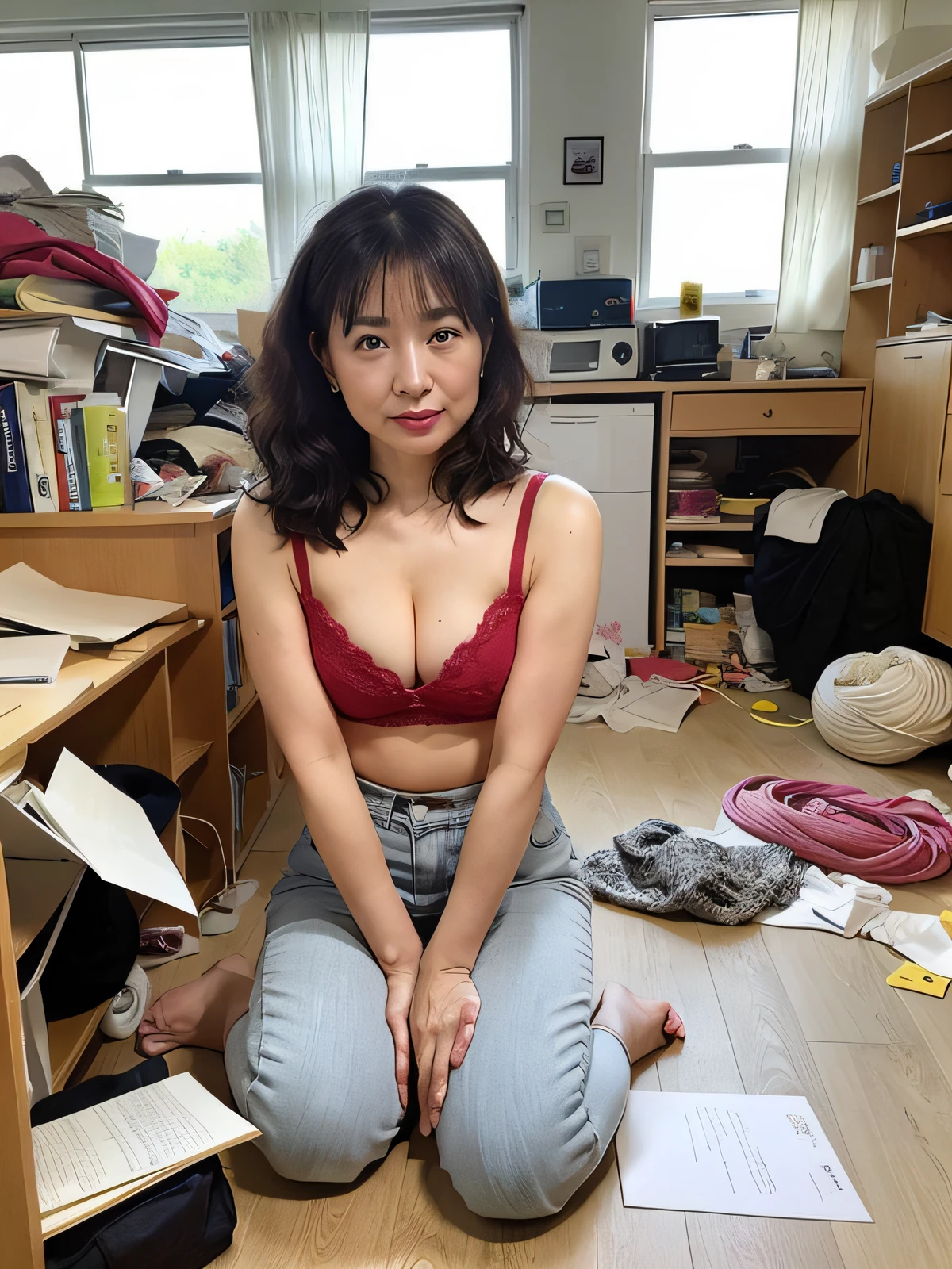 ((Best Quality, 8k, Masterpiece: 1.3)), Photorealistic, Sharp Focus, High Quality, High Resolution, Portrait, Solo, Japan, Middle Aged Woman, Beauty, 45 Years Old, Plump, Wavy Hair, Bra, Trousers, Wrinkles at the corners of the eyes, Messy room, Scrap paper, Dirty floor, Tissue, Tablets, Messy room, Tattered house,