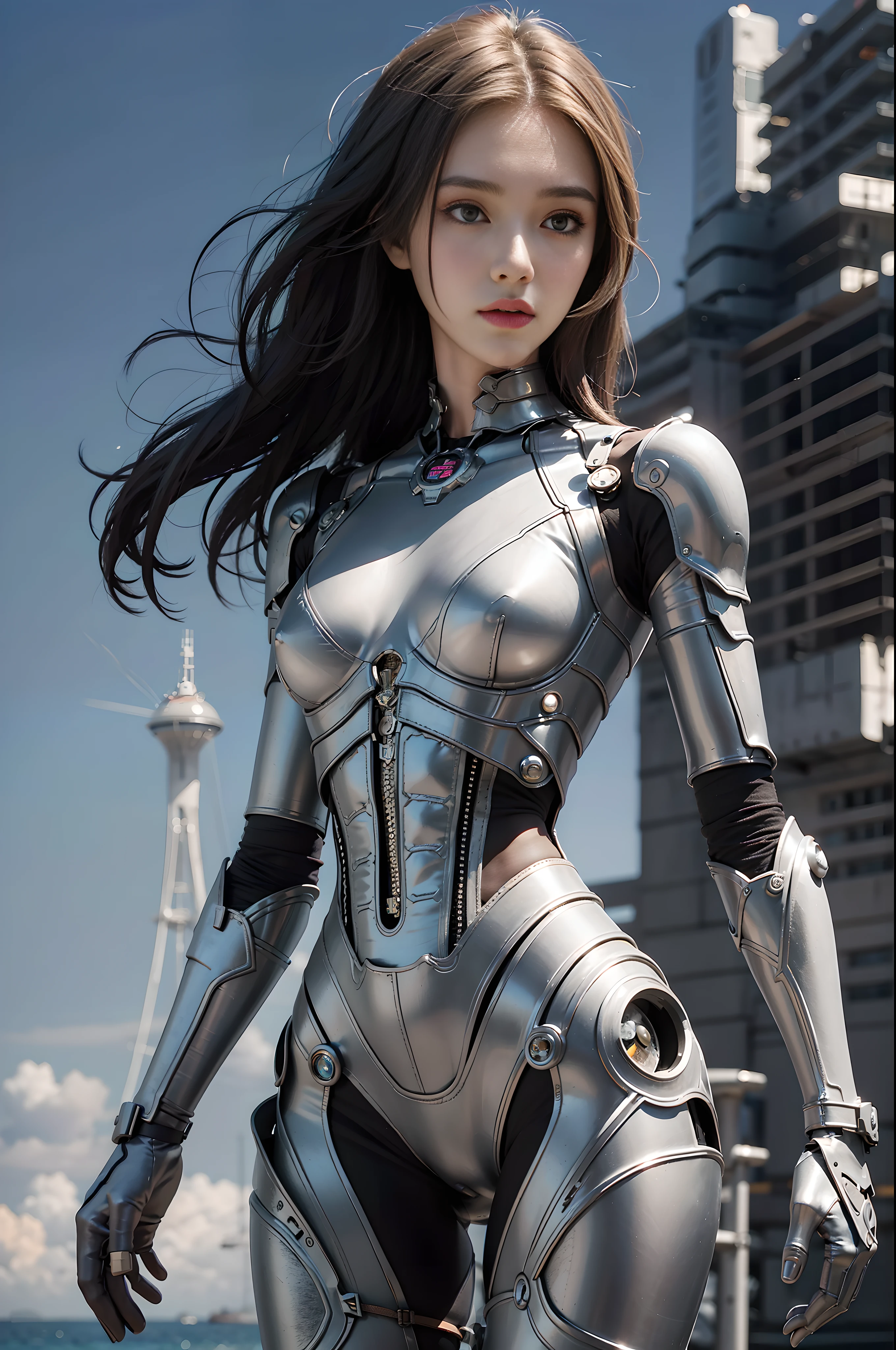 Best quality, delicate face, 25-year-old girl, slim body, body made of metal, small bust, metal structural skeleton, seaside, standing posture, beach, huge spaceship floating in the air, cyberpunk, sci-fi