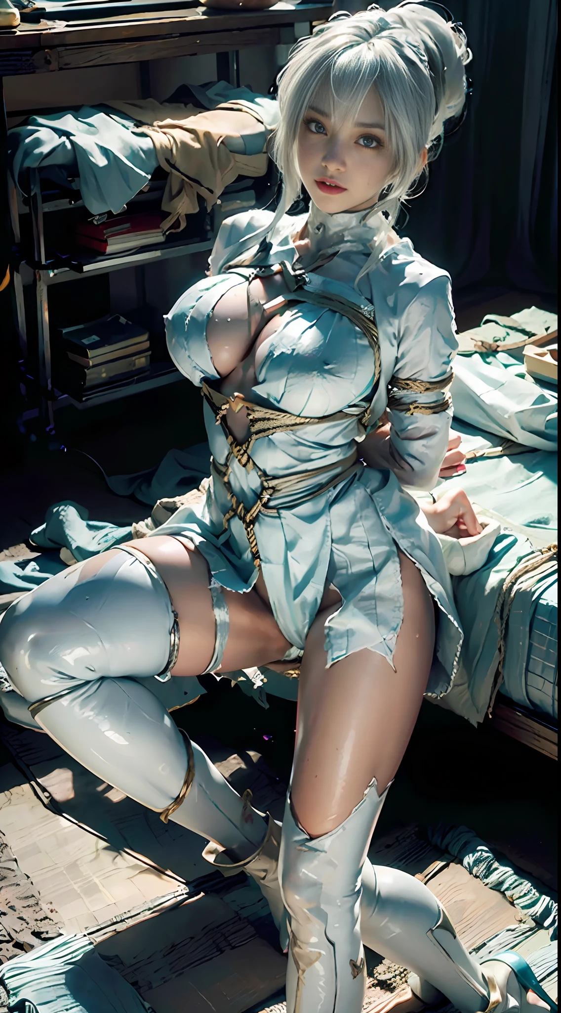 (CG Unity 8K wallpaper, extreme details, masterpiece, top quality), (exquisite lighting and shadows, very dramatic images, cinematic lens effects), (Sailor Moon: 1.1), charming smile, double tail, bright blue eyes, blonde hair, white tight-fitting top, white gloves, miniskirt, - [ ] (((wearing the torn sheer costume of the superheroine))),(( No panties, no bra)), wet crotch, wet thighs, Beautiful girl with accentuated slender abs: 1.4, (((the tip protrudes, the areola protrudes, the shape of the pubic area is clearly visible))), Six-pack abs: 1.4, bust Botox, big, perfect body, photography, sharpness, unique 850 4, koda850 k portrait camera, f1.6 lens, Ultra-realistic textures, magnificent light textures, Cinestil 800 fashion mechanics, (futuristic sci-fi battle fashion, elbow and knee cyberpads, cyber long boots, cyber gloves: 1.1), (shibari)), ((arms behind the back)), (completely tied with chains)))), restraint, slavery, collar, contempt, ((tears flow, pain, cry with pain)), Sweating, ((Wide Prison with Sunlight)))), Dark Fantasy, Peeling Ceiling, Broken Slabs, Rebar Between Cracks, Realistic Material Details, Extreme Detail, Ultra-Real Materials, Broken Walls, (((Torn Costume))), Wet, White, (((Rope digging into the crotch, hands tied behind back, invisible hands)), (No pan no bra))), torn costume, broken golden shield and combat spear lying around, long combat boots with white knee pads, long white gloves, combat shoulder armor, junkyard, raining blood, guro, blood on face, blood splatter, realistic,